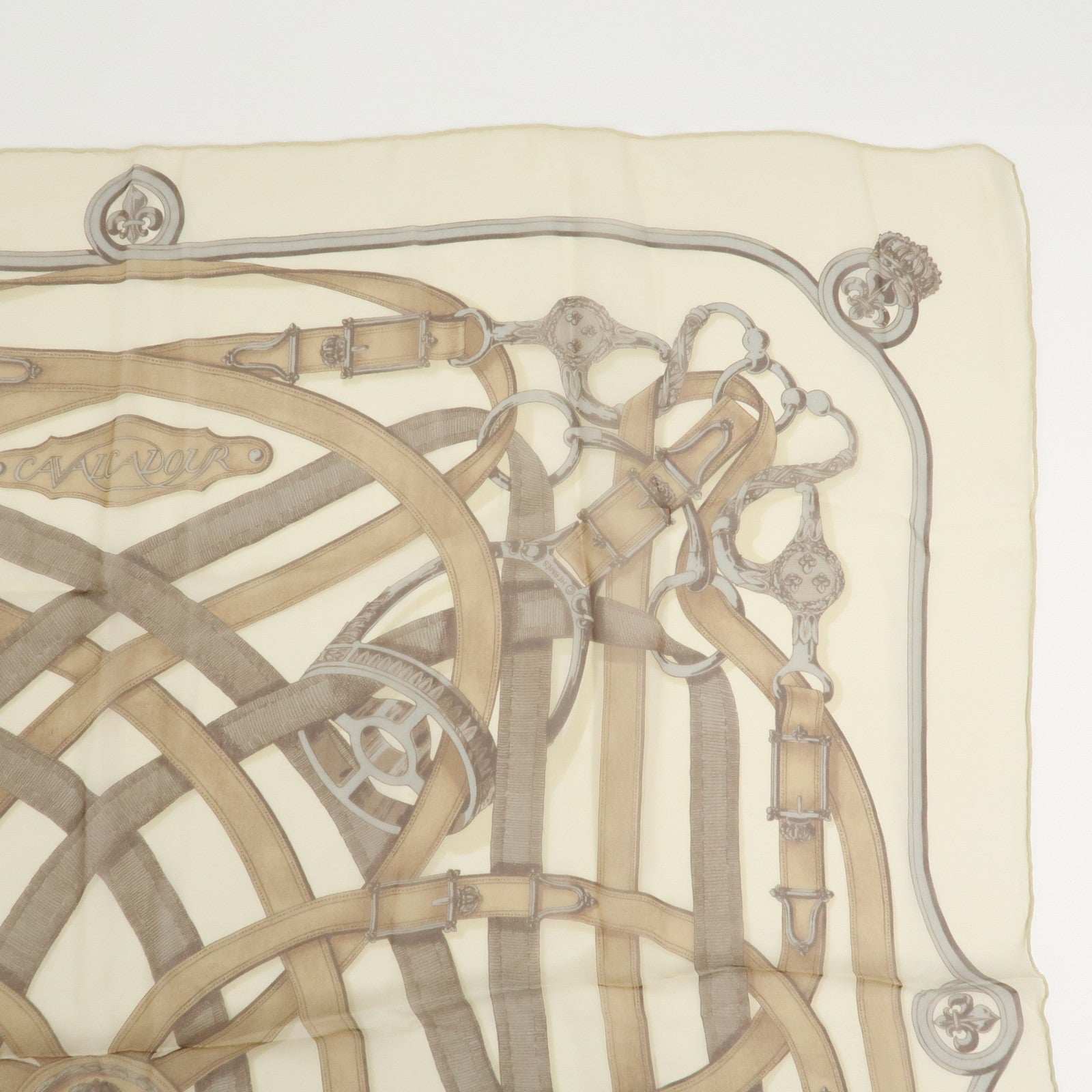 HERMES Carre 90 Silk 100% Scarf CAVALCADOUR Ivory Brown