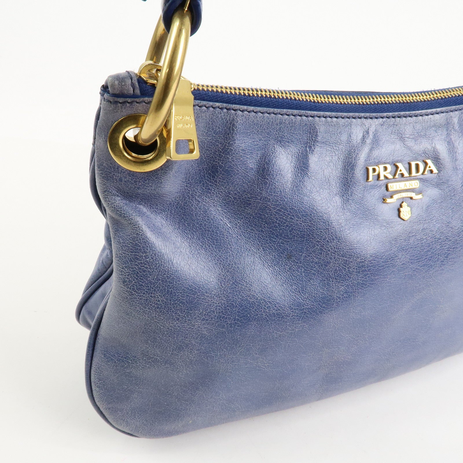 PRADA Leather Shoulder Bag Hand Bag Blue BR4984 Used