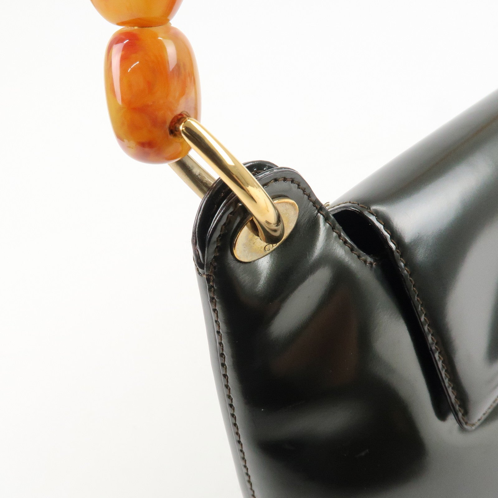 Christian Dior Enamel Leather Maris Pearl Shoulder Bag Hand Bag Khaki Used