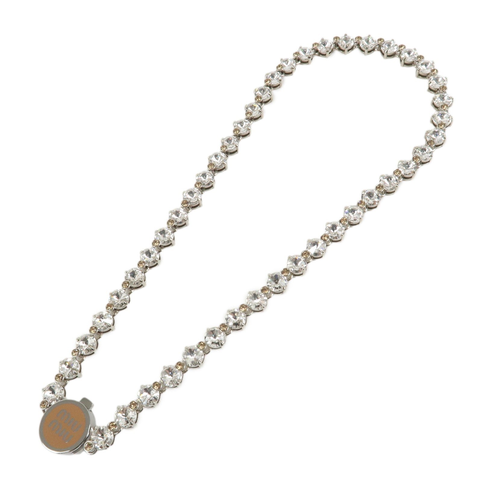 MIU MIU Logo Rhinestone Metal Necklace Choker Silver