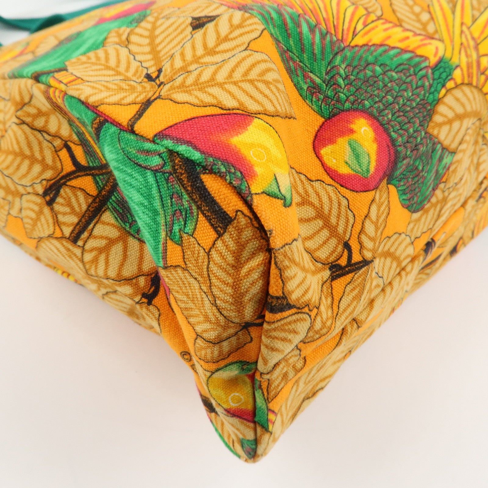 HERMES  Cotton Canvas Tote Bag Shoulder Bag Parrot Pattern Orange Green Used