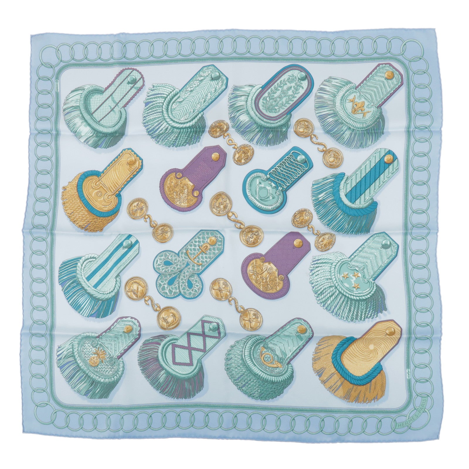 HERMES Carre 70 Silk 100% Scarf Epaulette Light Blue Light Green