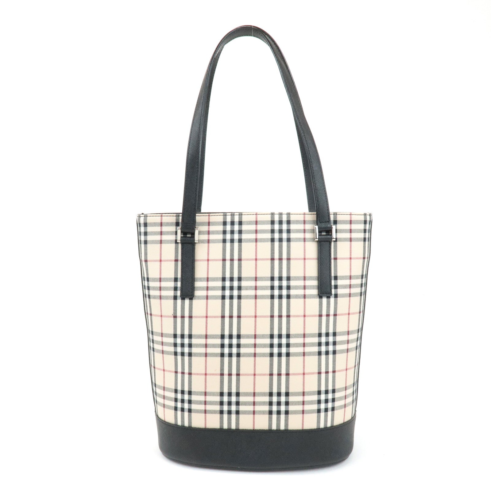 BURBERRY Nova Plaid Canvas Leather Tote Bag Shoulder Bag Black Used
