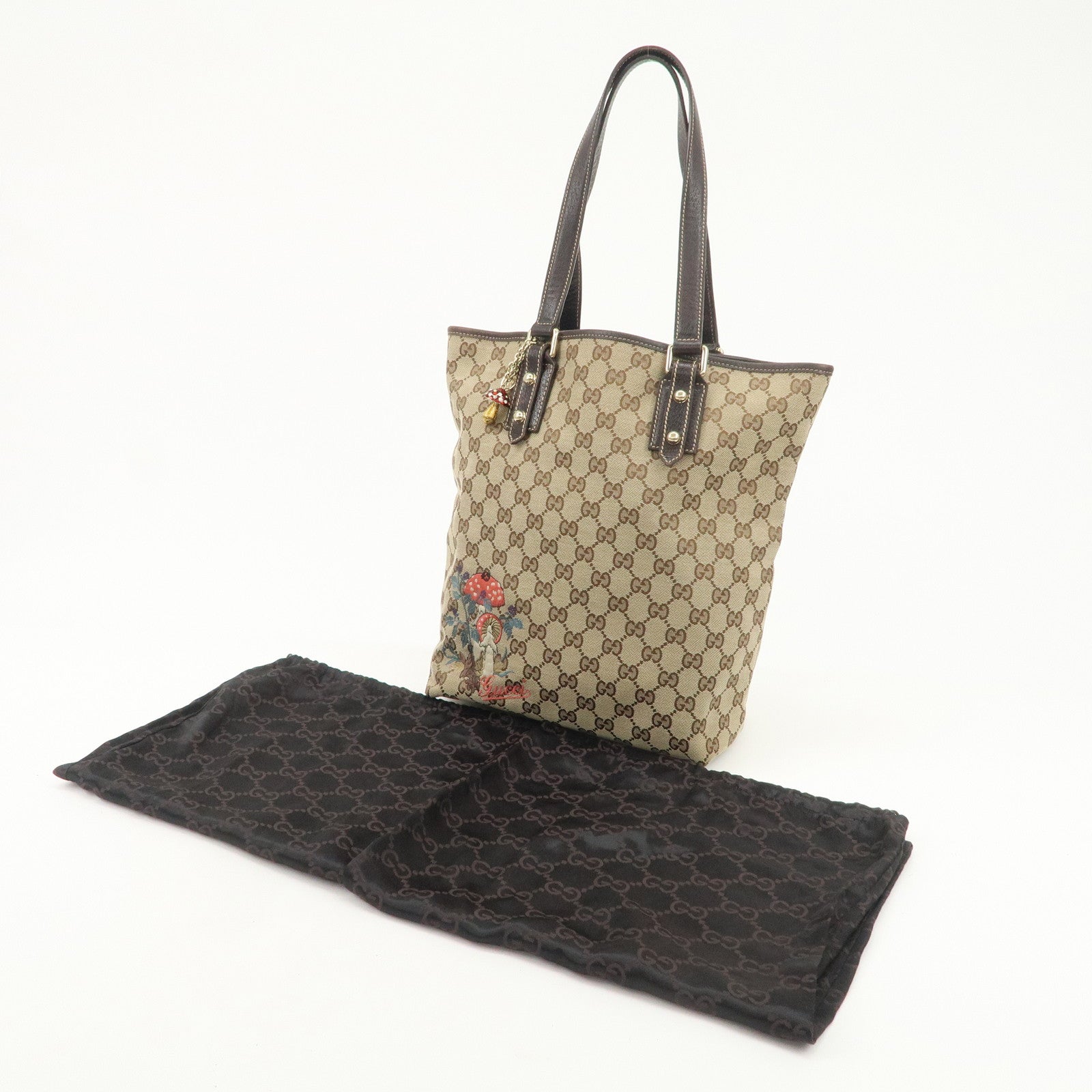GUCCI GG Monogram Canvas Leather Tote Bag Beige Mushroom 163695