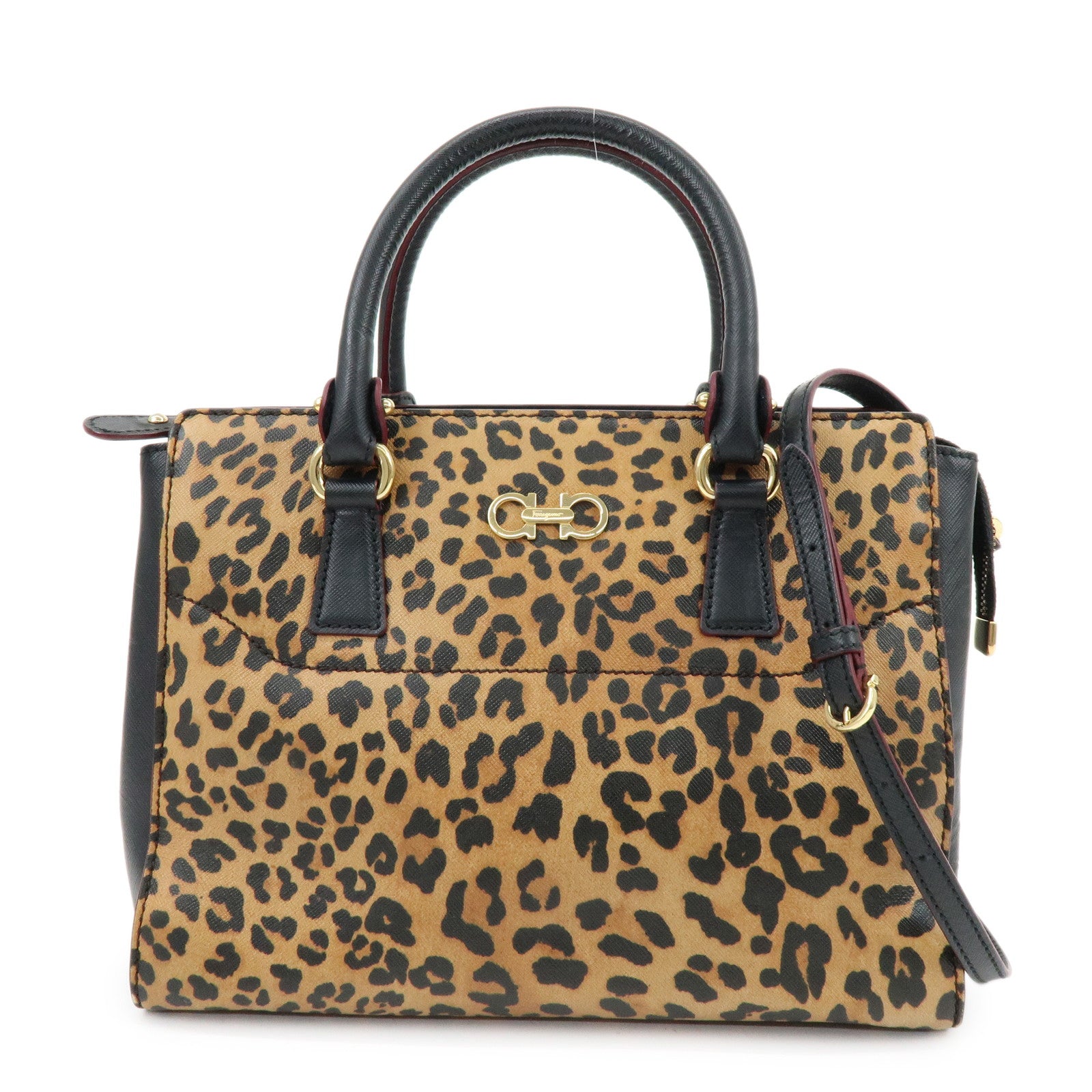 Ferragamo Gancini Leather 2Way Bag Hand Bag Leopard Motif Black
