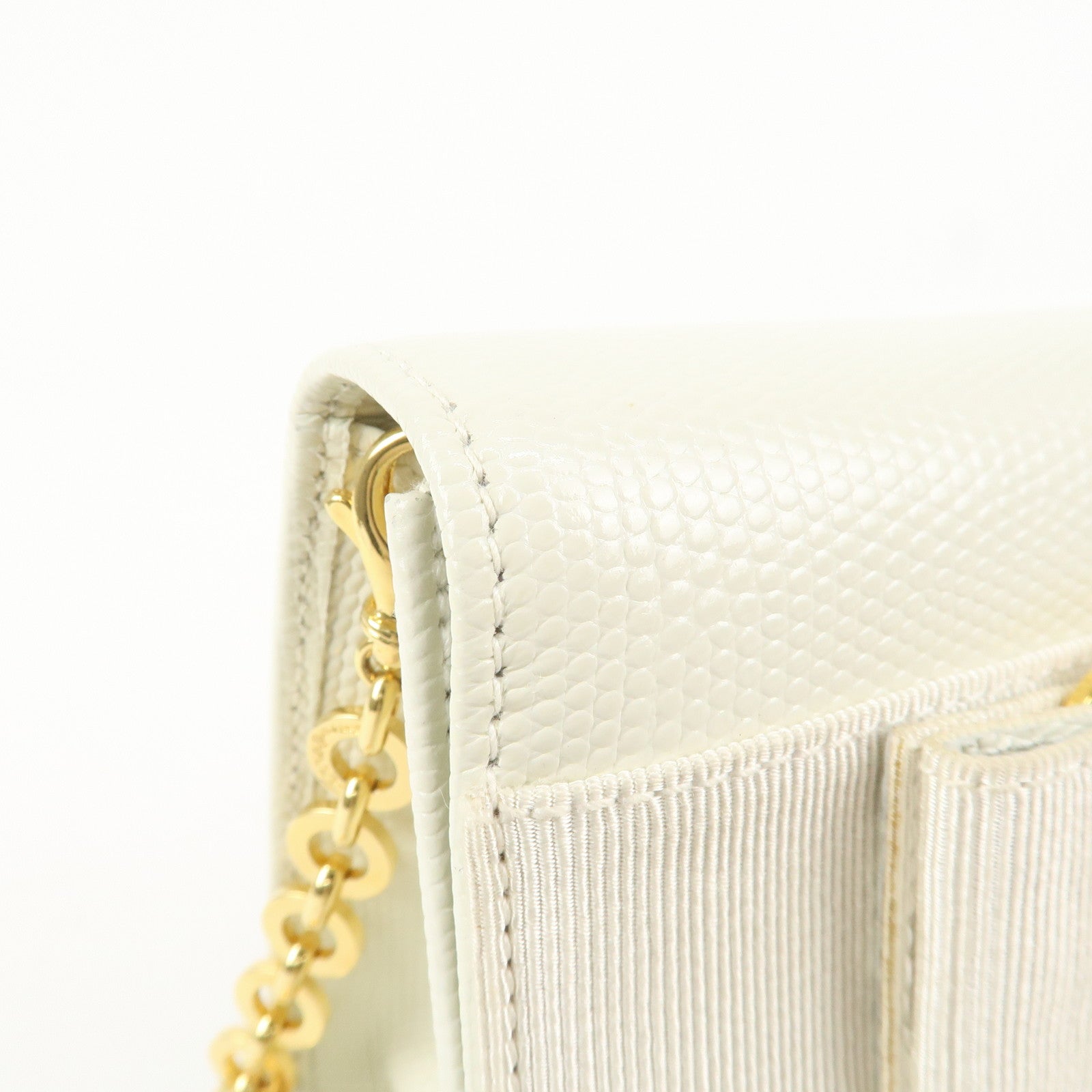 Ferragamo Vara Ribbon Leather Nylon Chain 2Way Shoulder Bag White Used