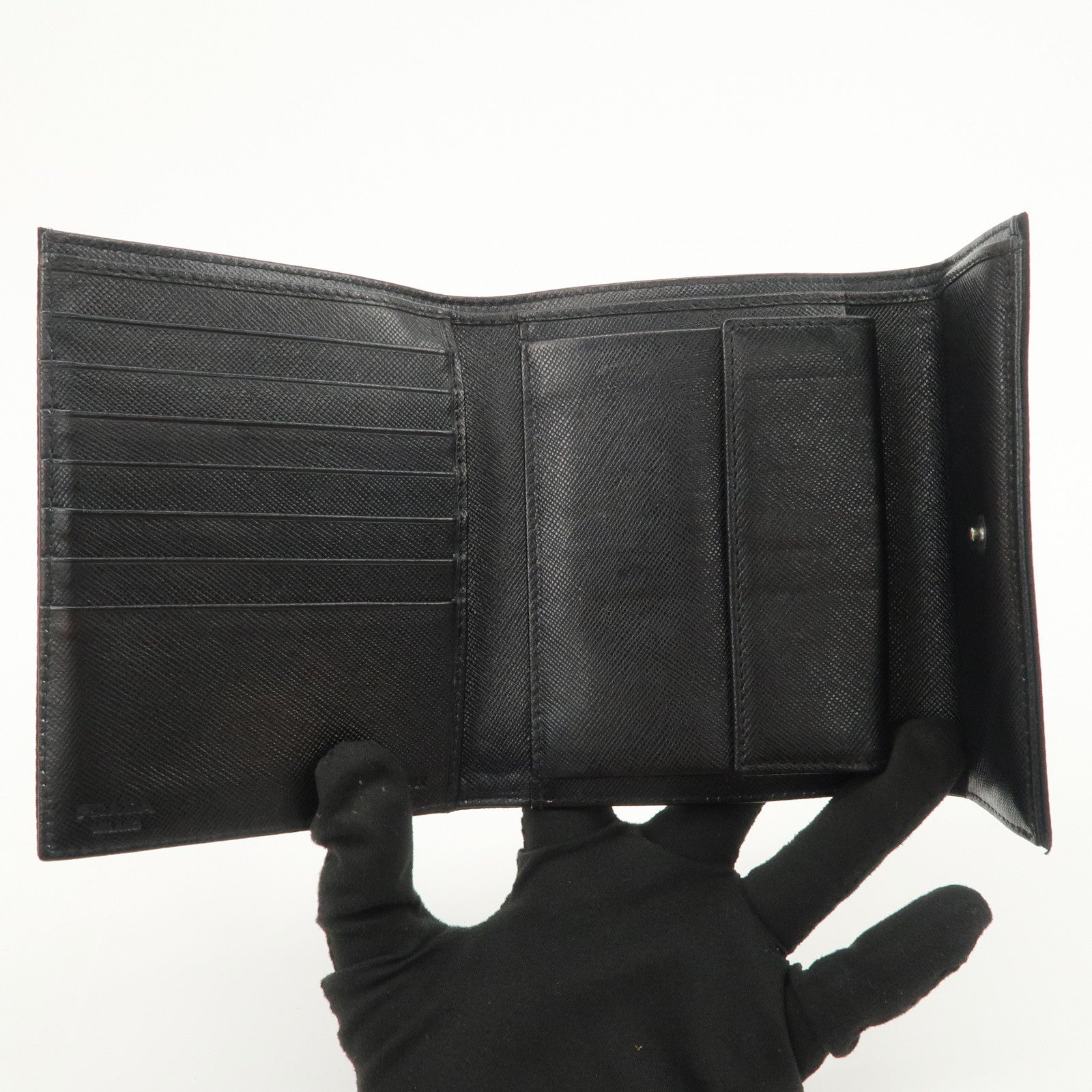PRADA Triangle Logo Nylon Leather Tri-fold Compact Wallet Black