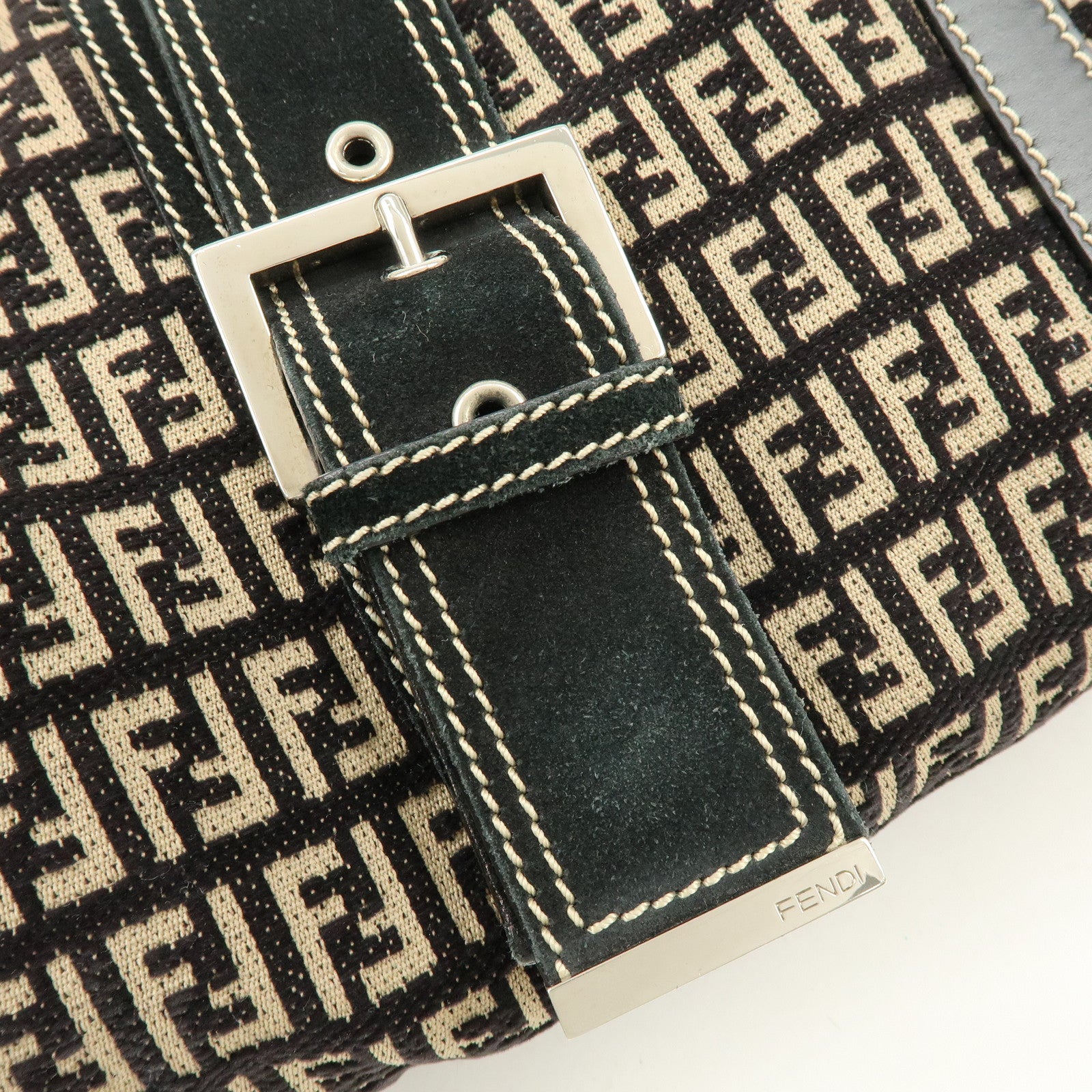 FENDI Zucchino Canvas Suede Leather Tote Bag Black Beige 8BR091