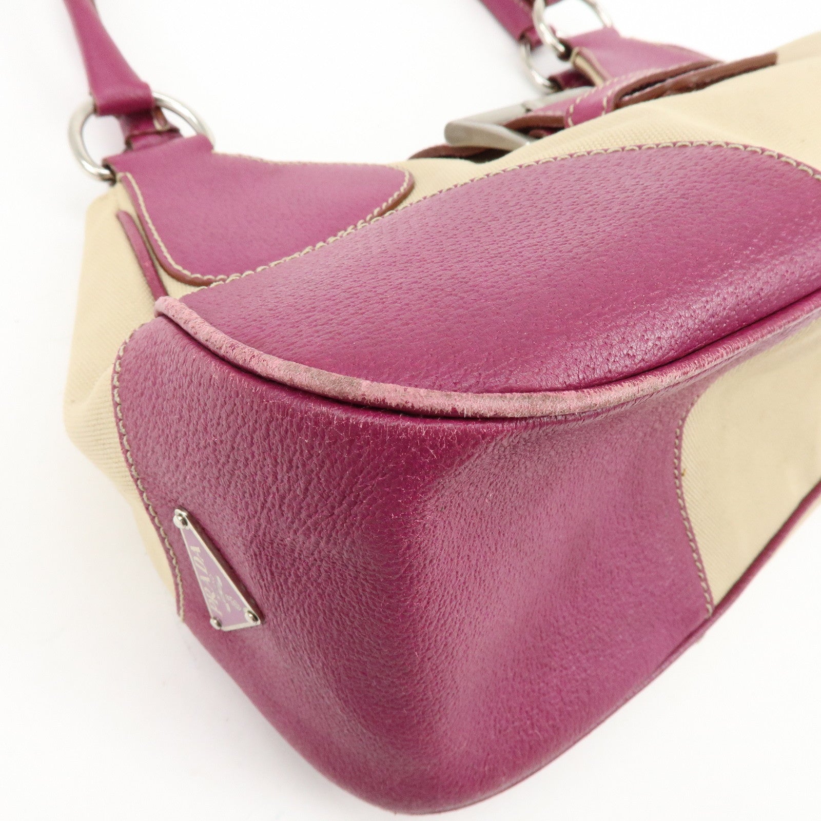 PRADA Triangle Logo Canvas Leather Hand Bag Beige Purple BR0811