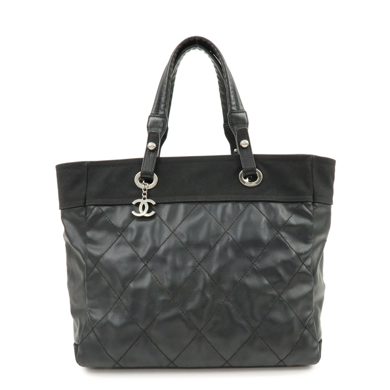 CHANEL PVC Canvas Leather Paris Biarritz MM Tote Hand Bag A34209