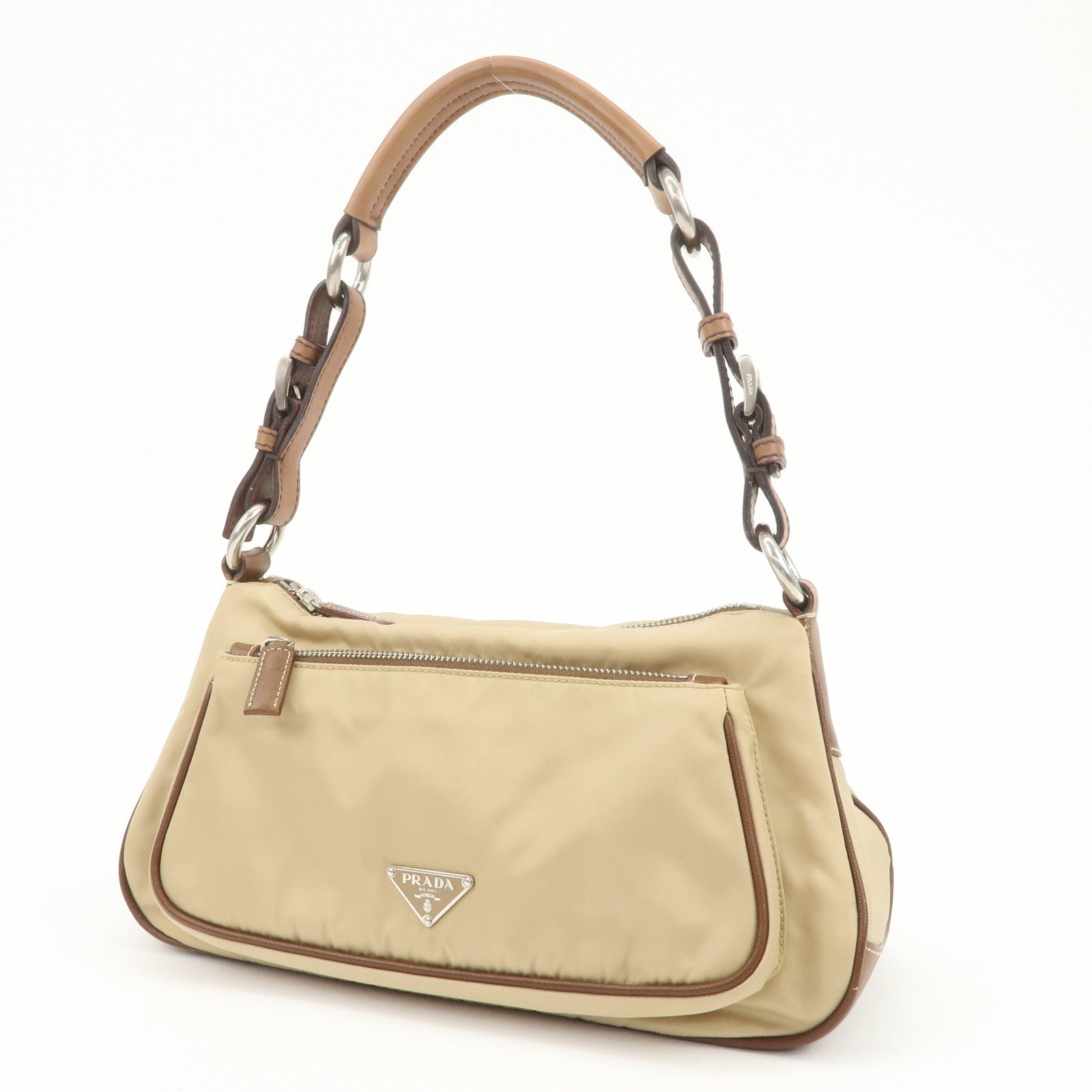 PRADA Triangle Logo Nylon Saffiano Leather Shoulder Bag Hand Bag