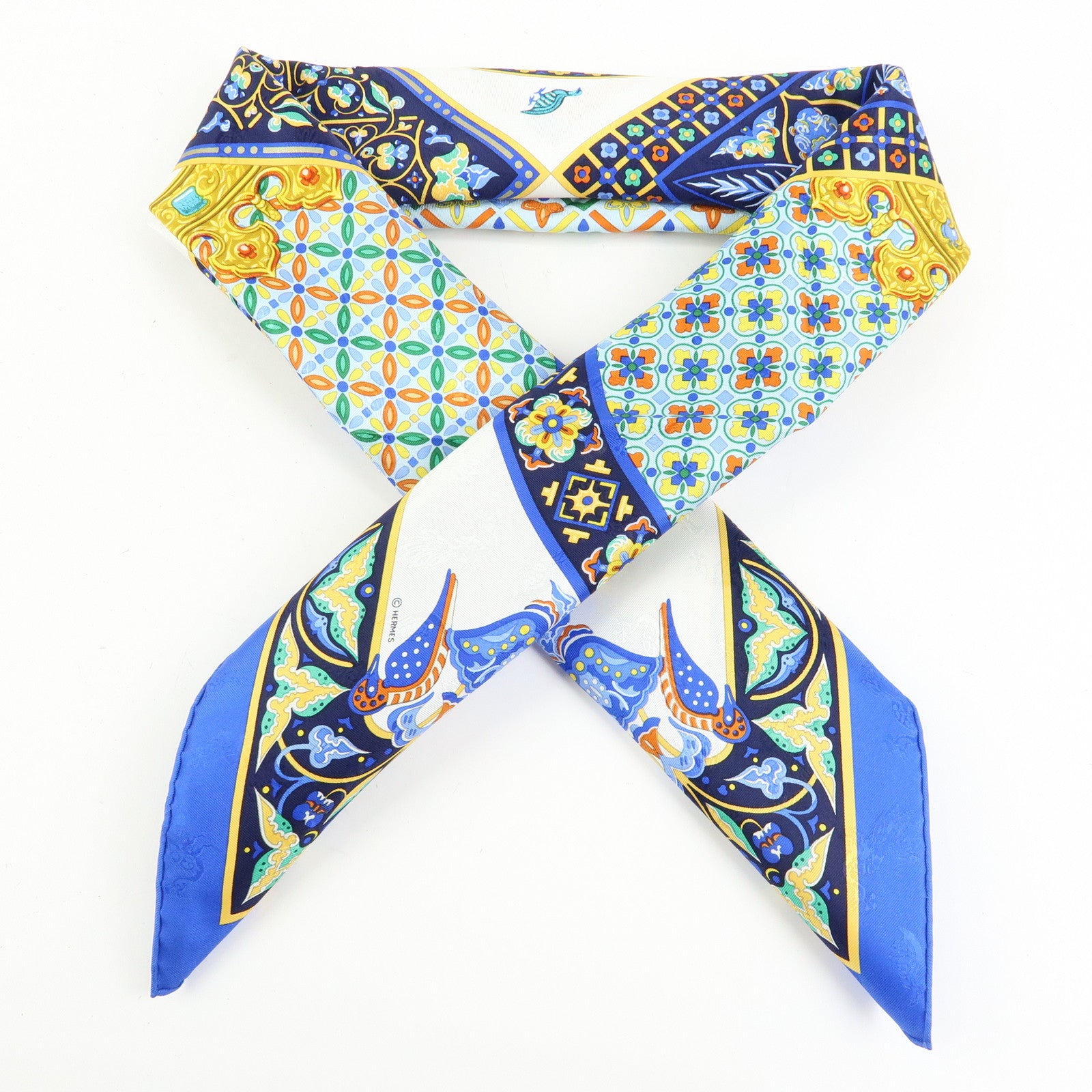 HERMES Carre 90 Silk 100% Scarf CIELS BYZANTINS Blue White