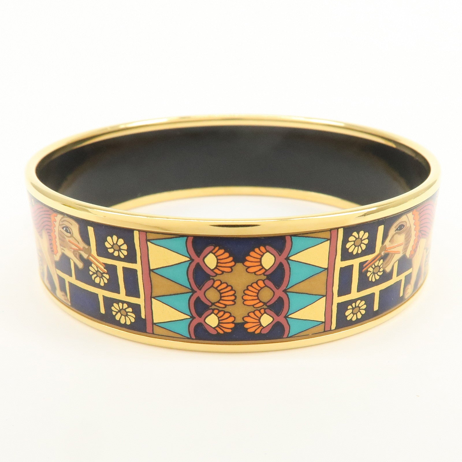 HERMES Email GM Gold Plated Bangle Bracelet Navy Gold