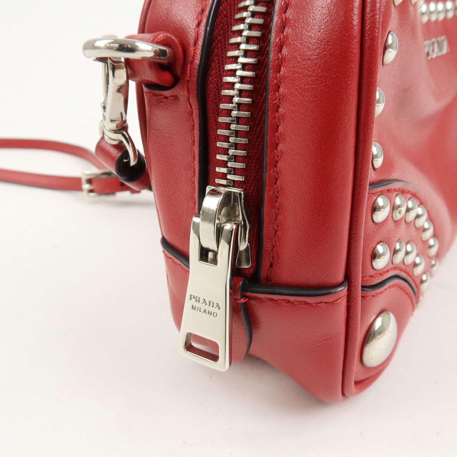 PRADA Logo Leather Mini Shoulder Bag Camera Bag Studs Red 1N1674