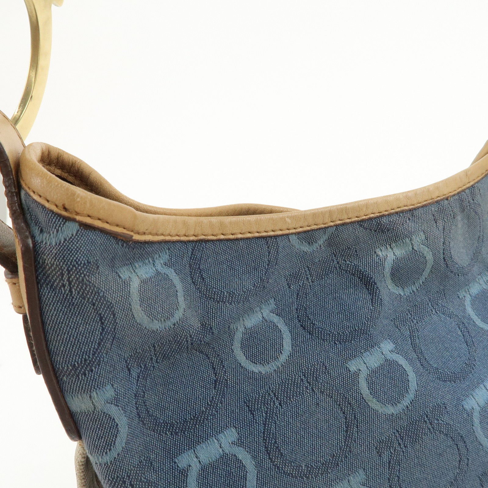 Ferragamo Gancini Canvas Leather Shoulder Bag Hand Bag Blue Beige
