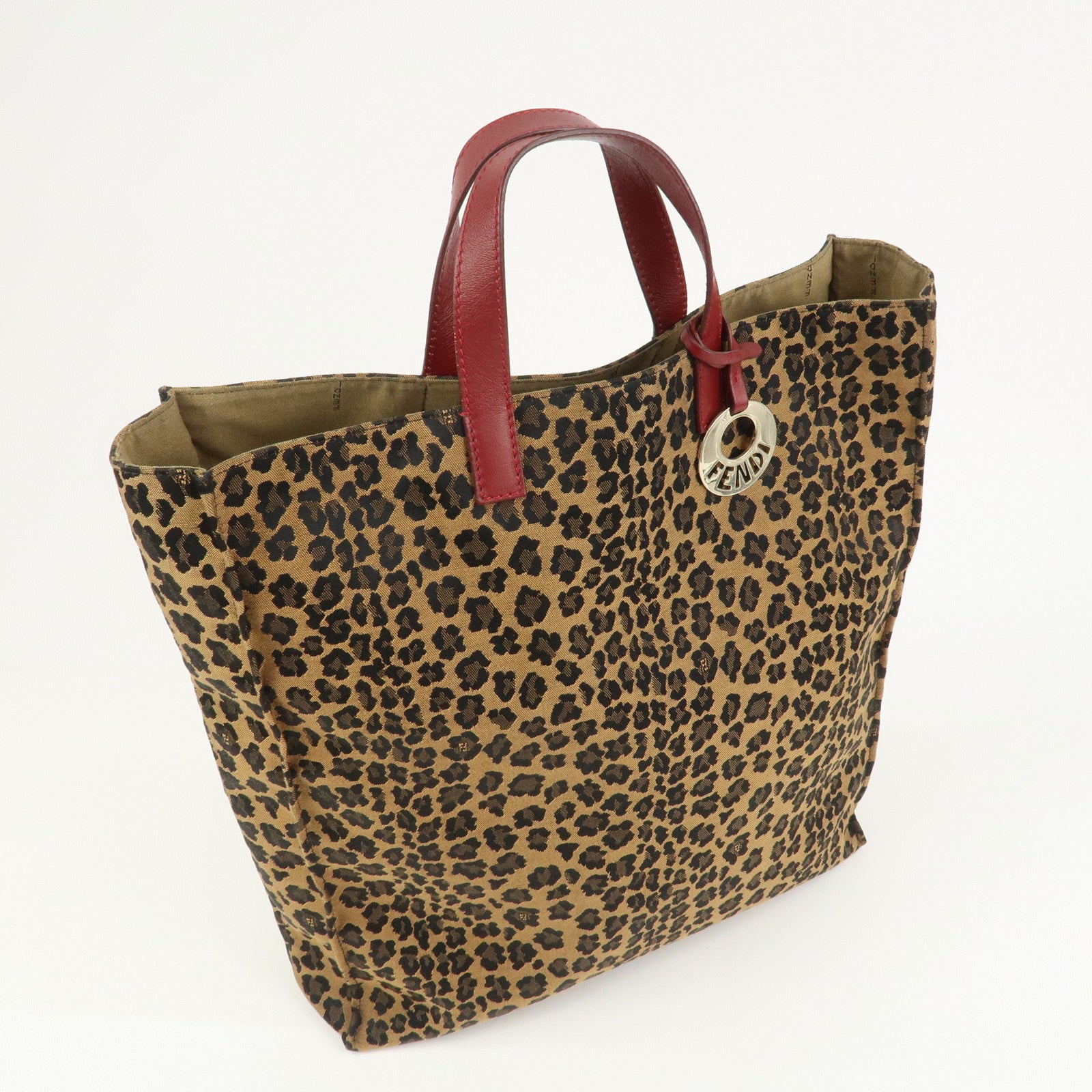 FENDI Canvas Leather Leopard Tote Bag Hand Bag Brown Red 8BH173