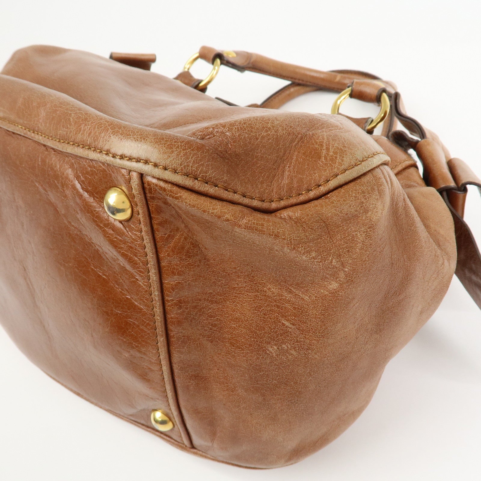 MIU MIU Side Ribbon Leather 2Way Shoulder Hand Bag Brown RN0686