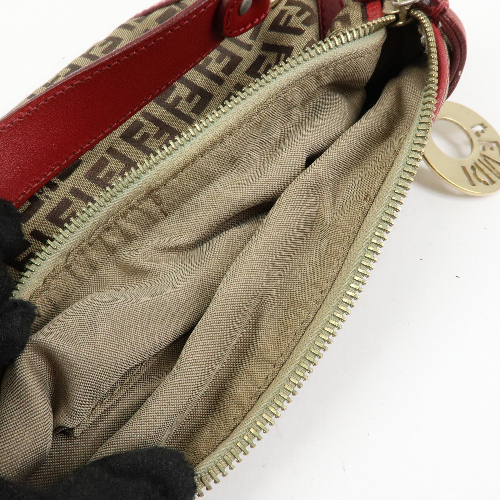 FENDI Zucca Canvas Leather Hand Bag Shoulder Bag Beige Red 8BR464