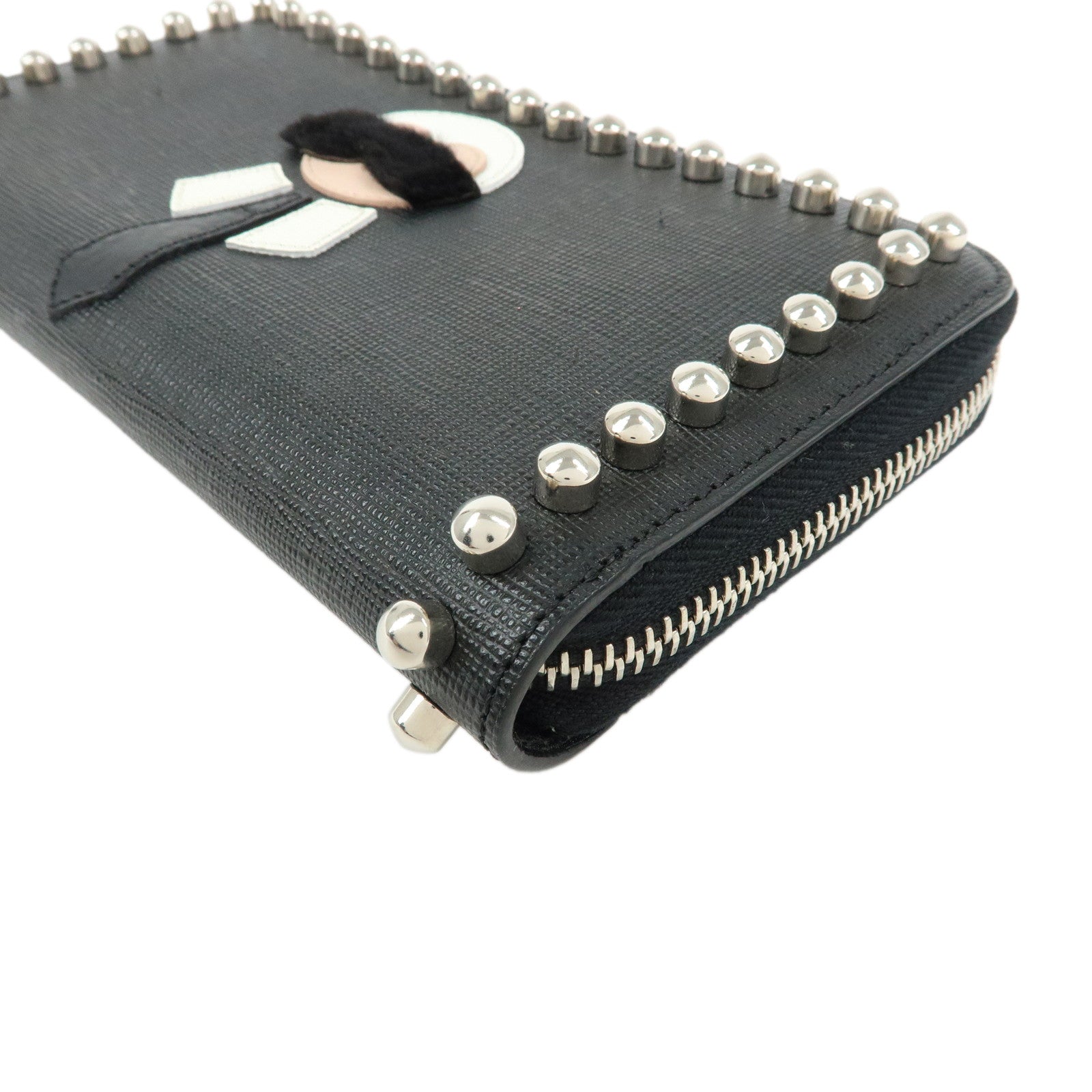 FENDI Leather Studs Zippy Long Wallet Black 8M0299