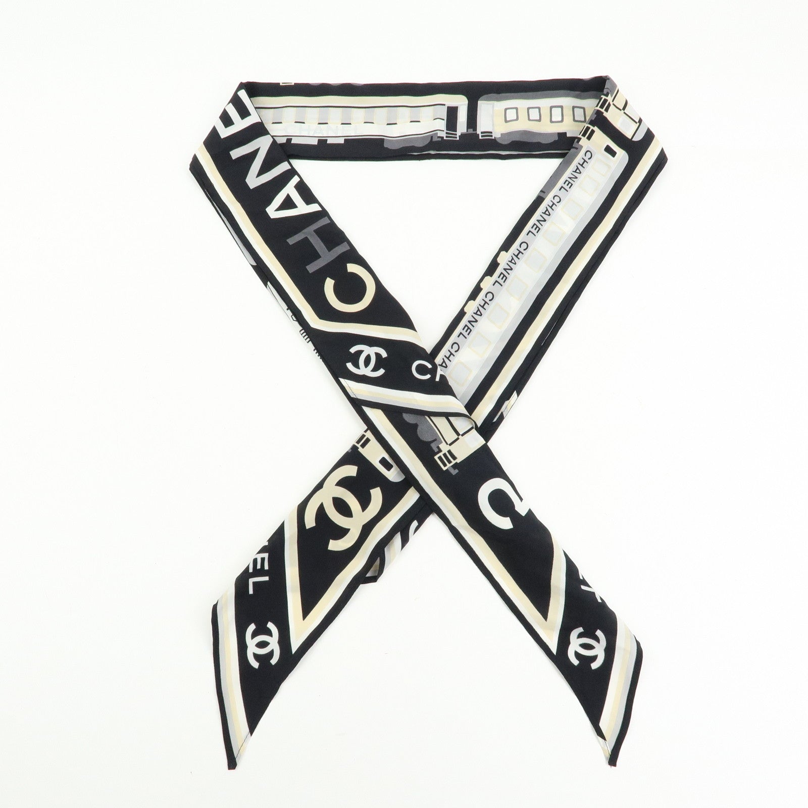 CHANEL COCO Mark Silk100% Train Scarf Shawl Black