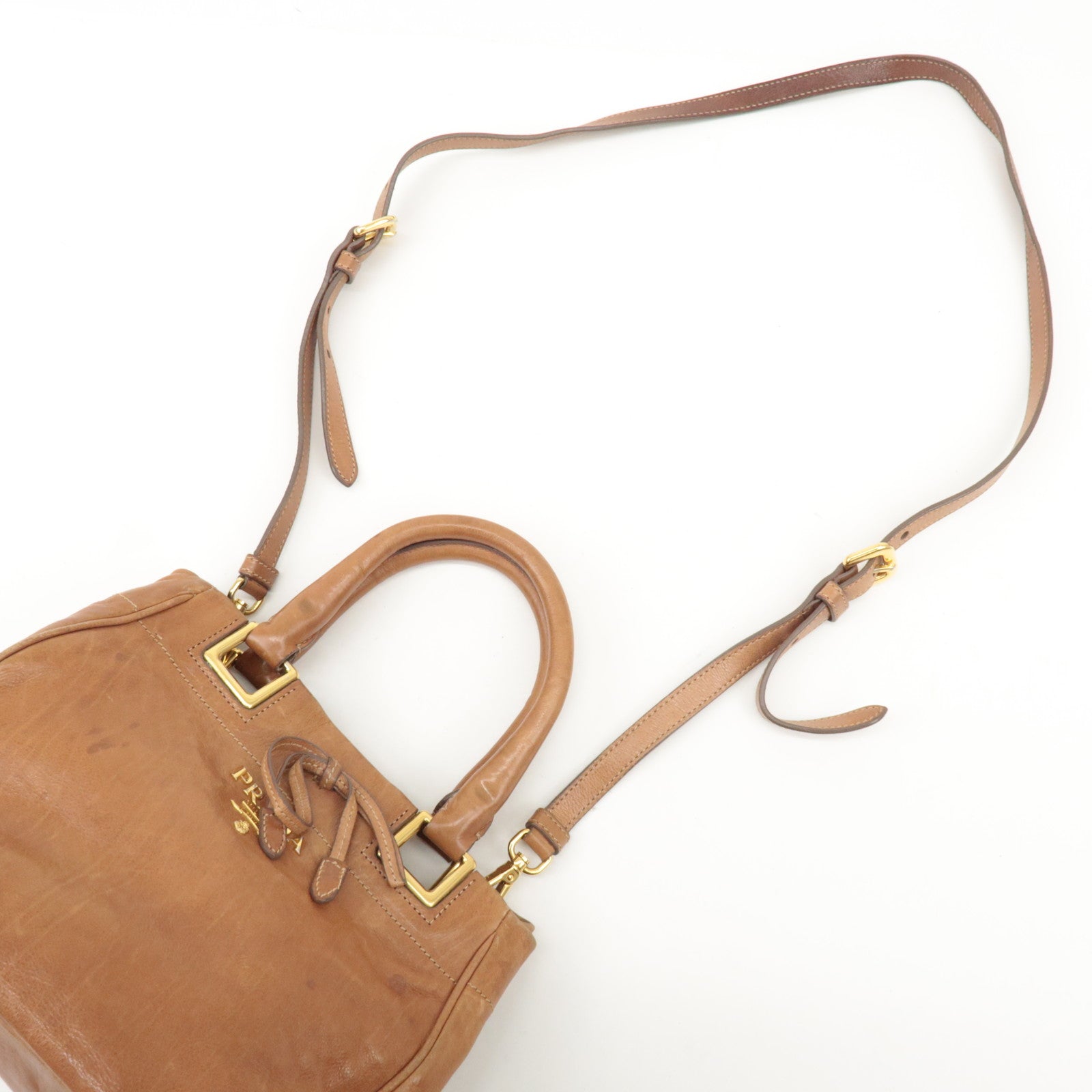 PRADA Logo Leather Ribbon 2Way Bag Hand Bag Brown BN2245 Used