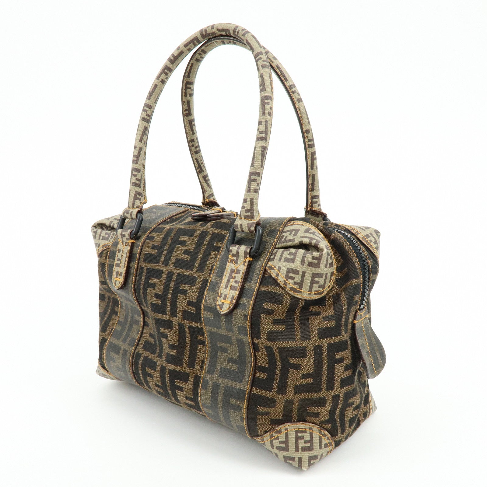 FENDI Zucca Zucchino Canvas PVC Boston Hand Bag Brown 8BL095