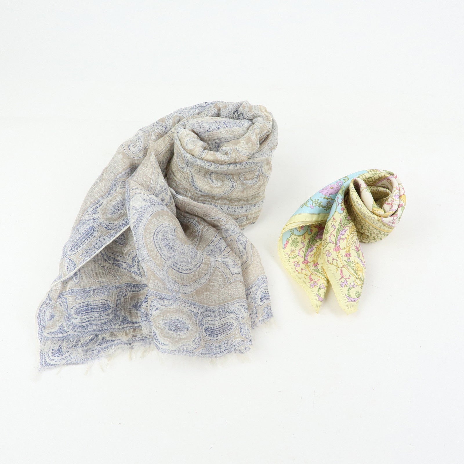 ETRO Set of 2 Silk Linen Scarf Peisley Flower Beige Yellow Blue