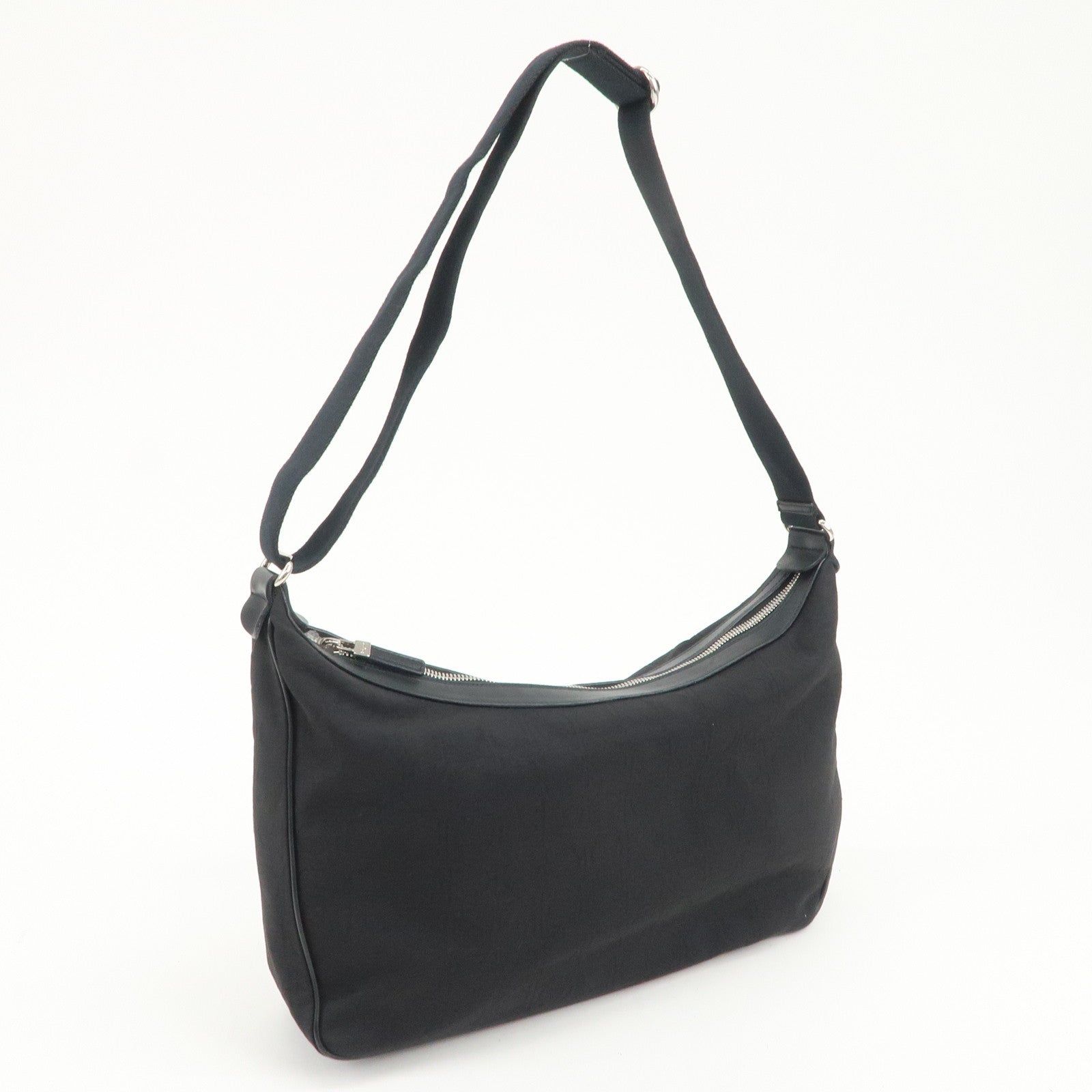Ferragamo Gancini Logo Nylon Canvas Leather Shoulder Bag Black