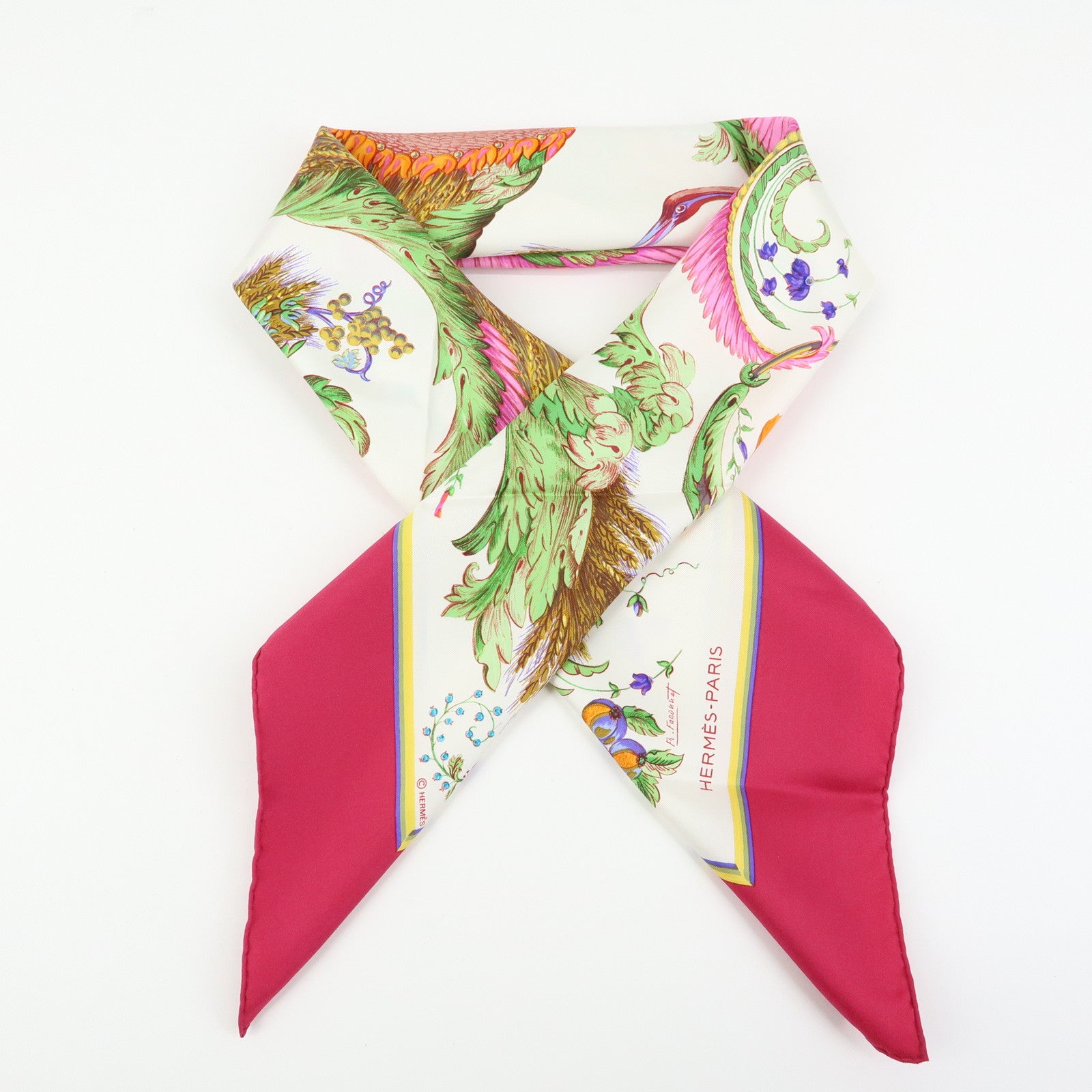 HERMES Carre 90 Silk 100% Scarf CERES White Pink Yellow Green