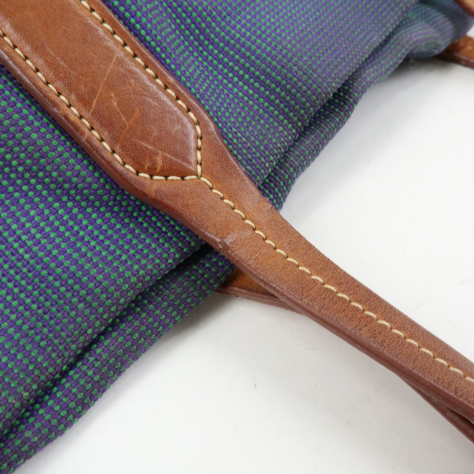 MIU MIU Logo Canvas Leather Tote Bag Shoulder Bag Blue Brown