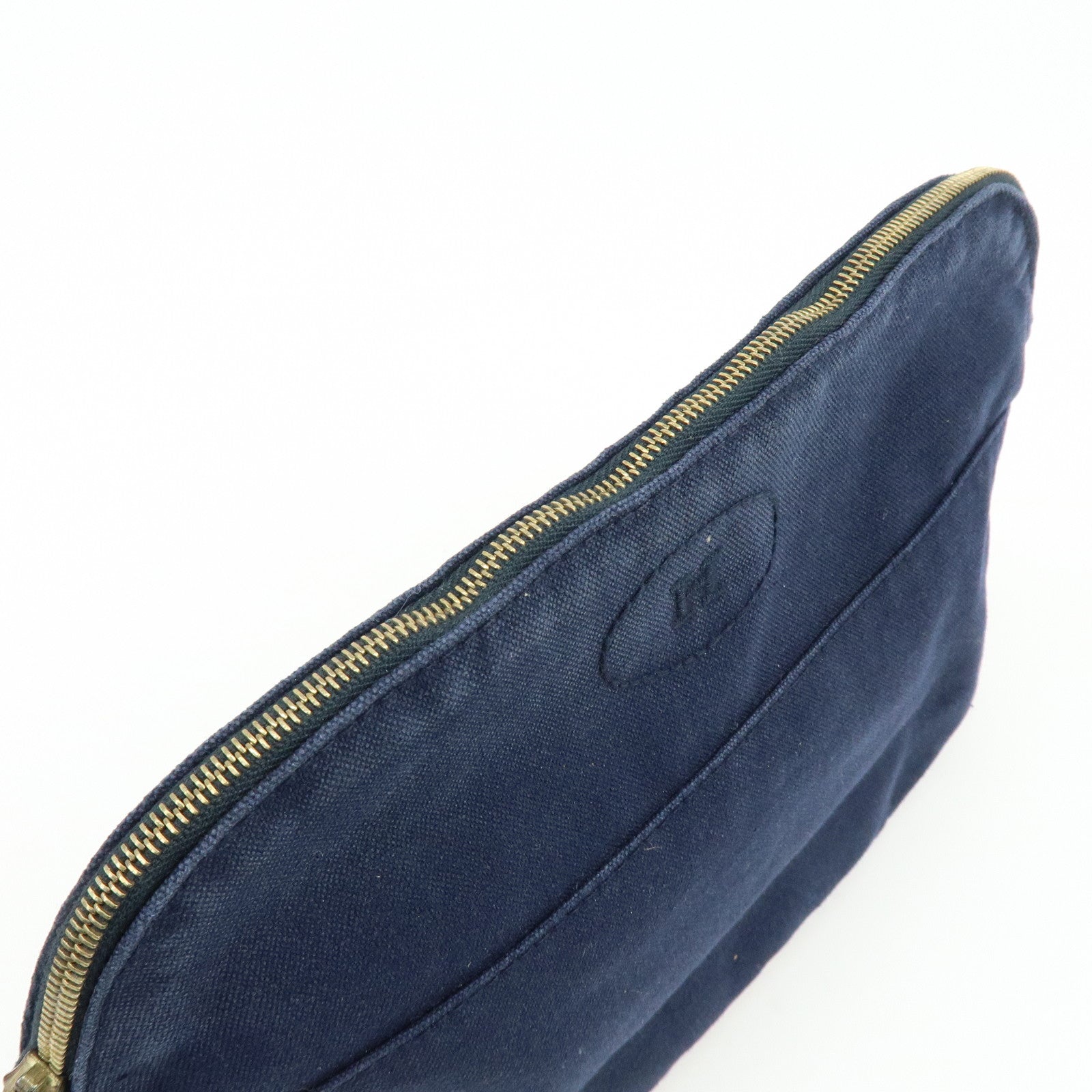 HERMES Bolide Set of 2 Cotton Leather Pouch Cosmetic Case Navy Pink
