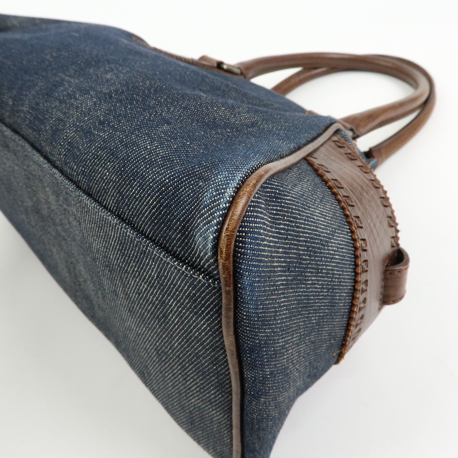 FENDI Etnico Denim Leather Tote Bag Shoulder Bag Blue Brown 8BN157