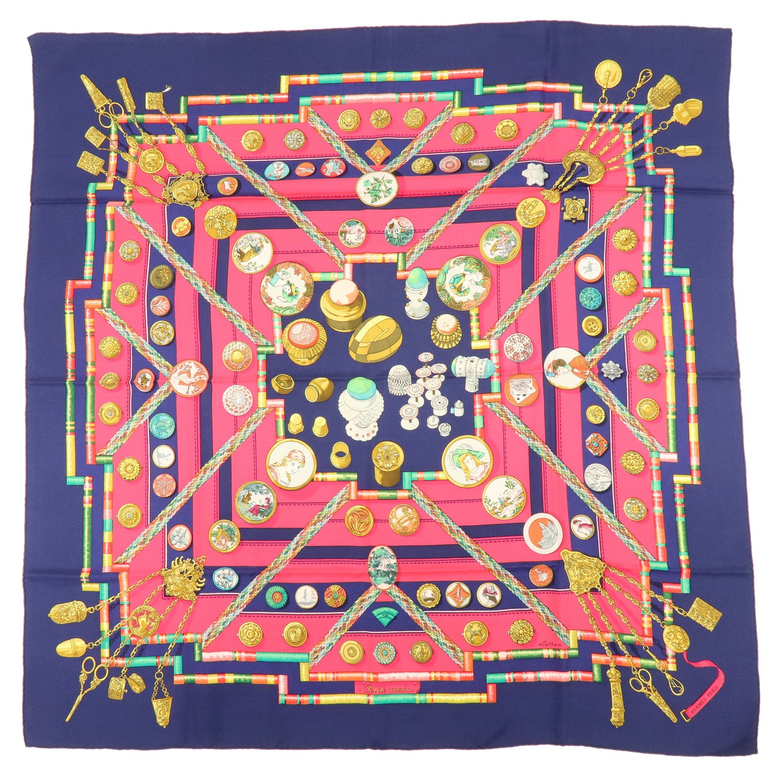 HERMES Carre 90 Silk 100% Petite Main Scarf Navy Pink Multicolor