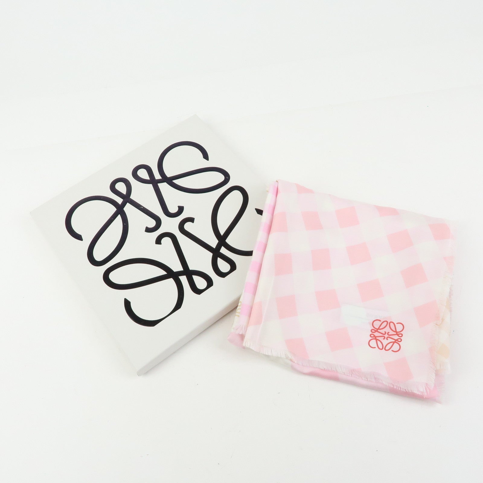 LOEWE Anagram Silk 100% Scarf Gingham Check Pink Beige