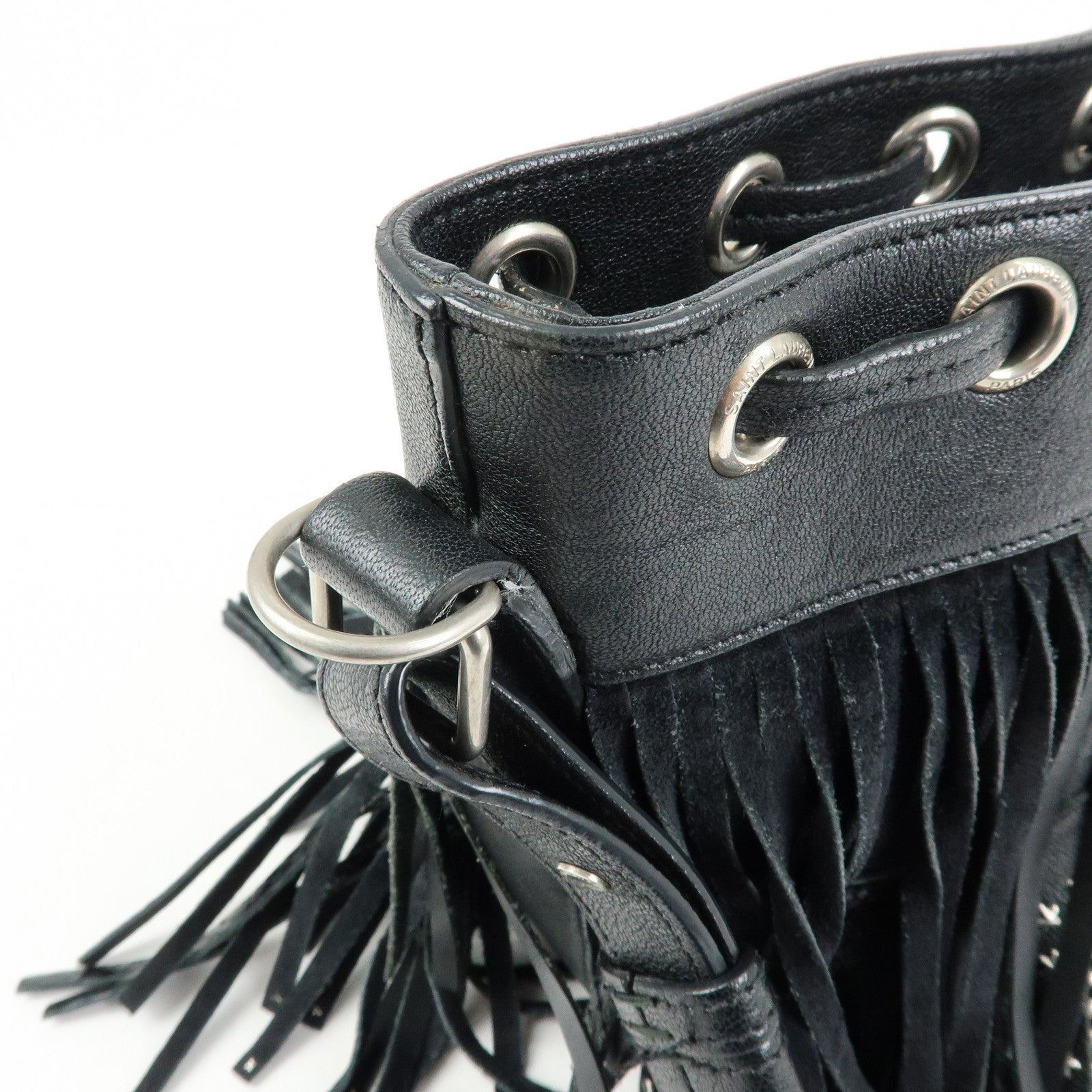 SAINT LAURENT PARIS Leather Fringe Shoulder Bag Black 357603