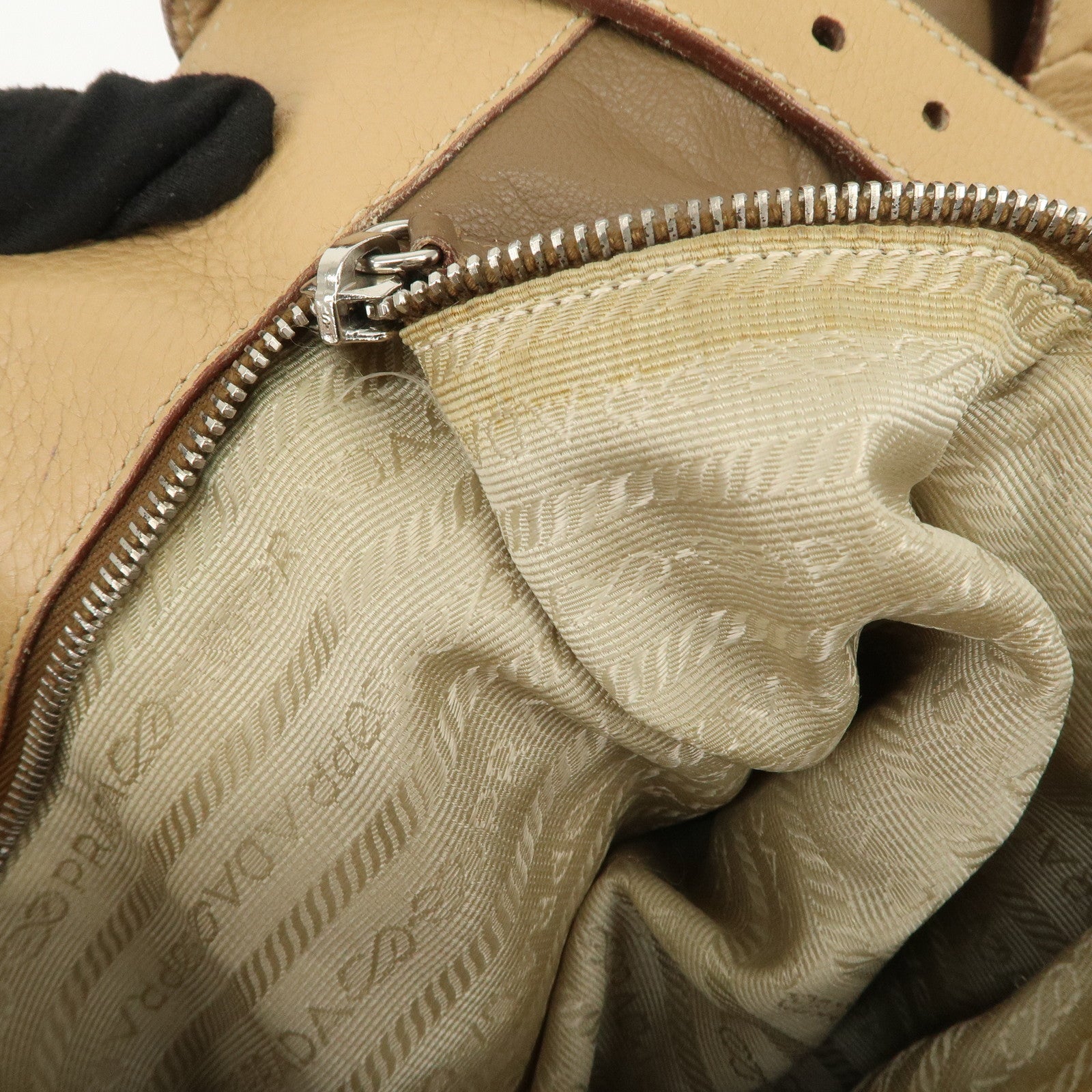 PRADA Triangle Logo Leather Shoulder Bag Hand Bag Beige