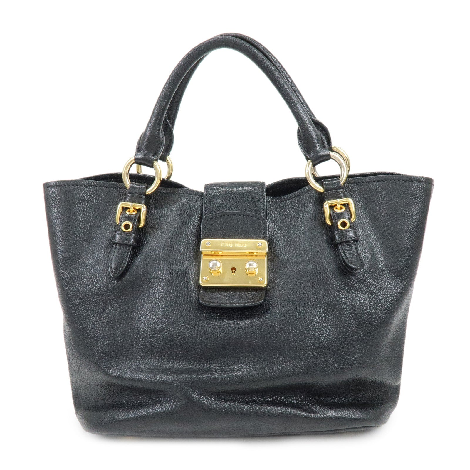 MIU MIU Logo Madras Leather Hand Bag Tote Bag Black