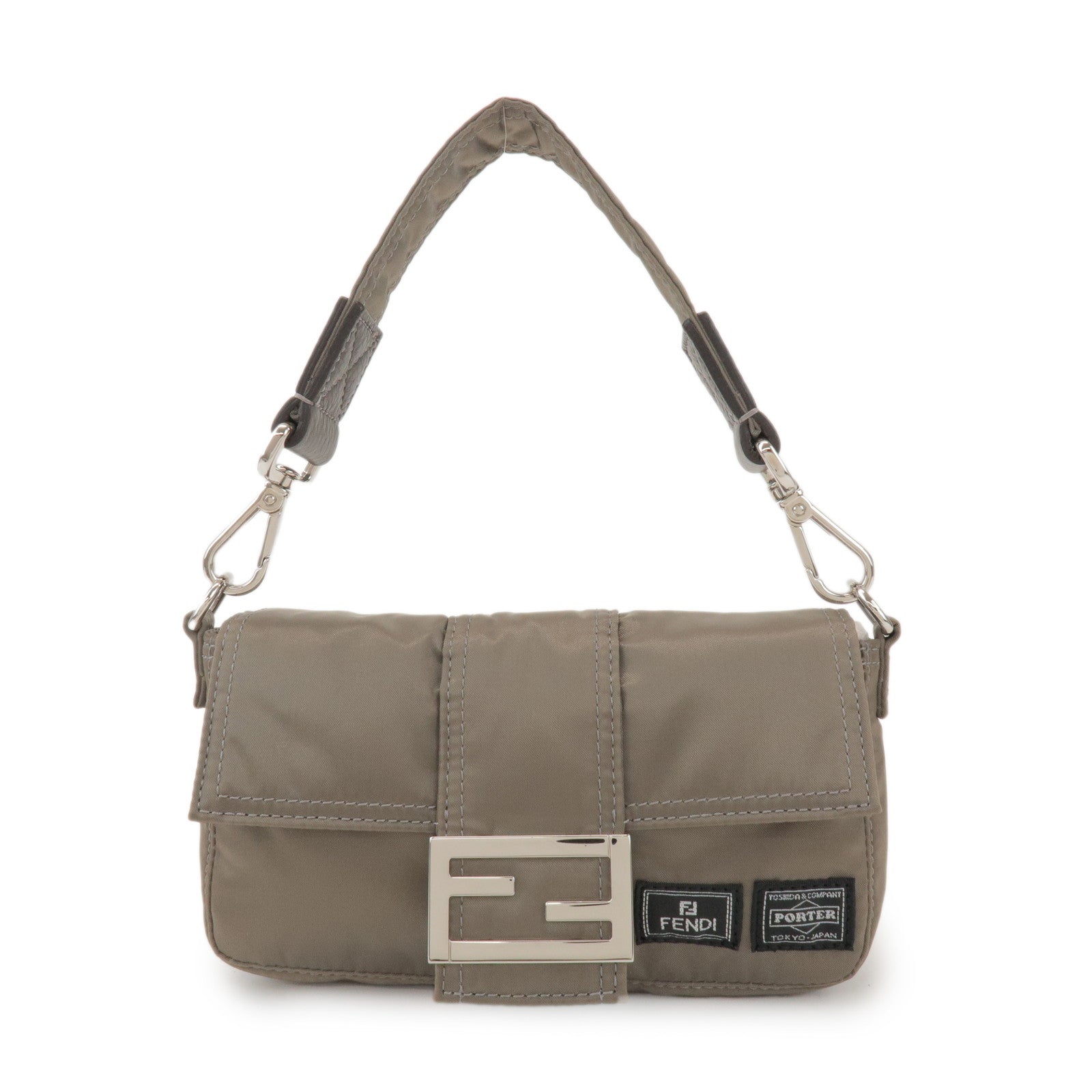 FENDI × PORTER Nylon Leather Baguette Mini 2WAY Bag Grey 7AS138