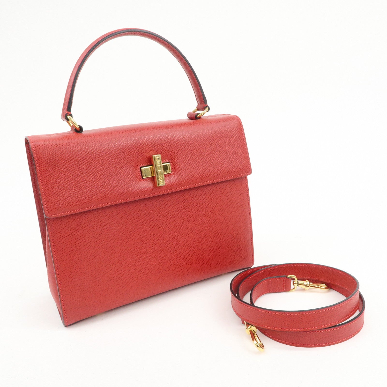 CELINE Leather Top Handle Turn Lock 2Way Hand Bag Shoulder Bag Red