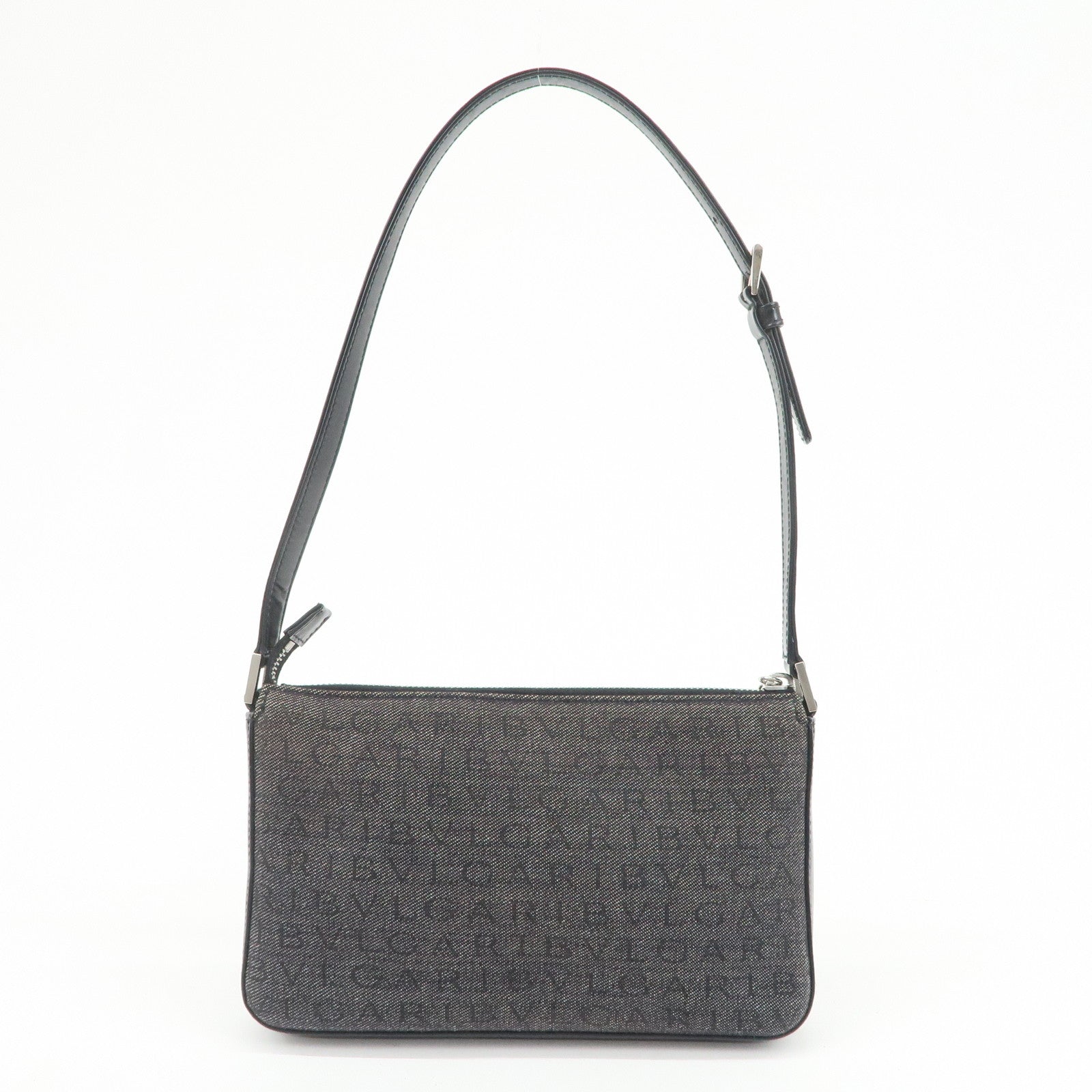 BVLGARI LOGO Mania Canvas Leather Shoulder Bag Hand Bag Black