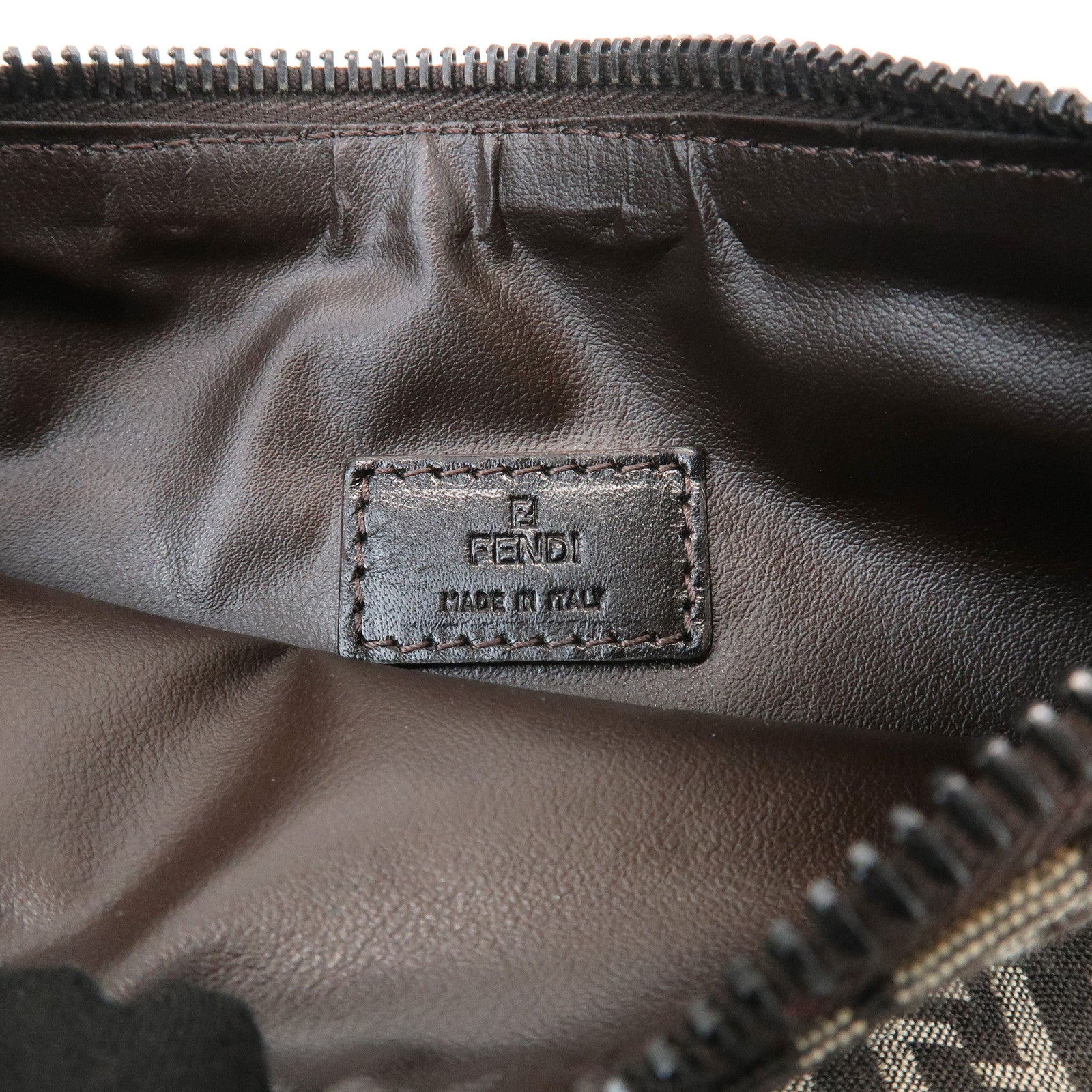 FENDI Zucchino Canvas Leather Hand Bag Pouch Bag Brown 8N00001