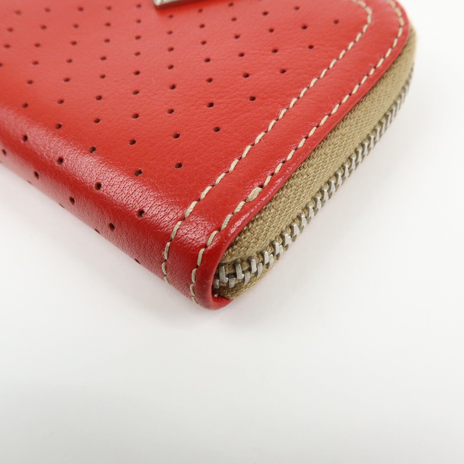 PRADA Triangle Logo Punched Leather Round Zippy Coin Case Red