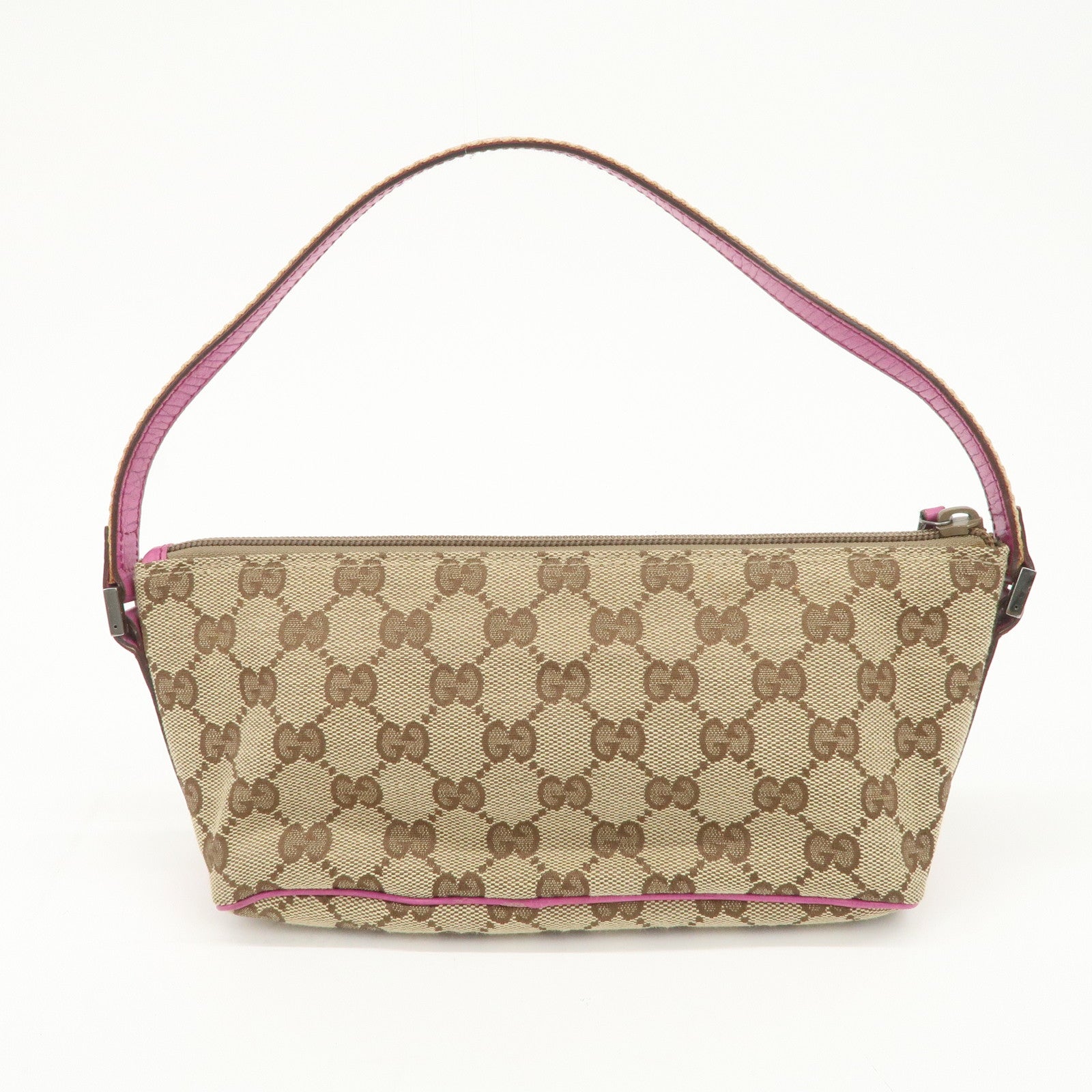 GUCCI Boat Bag Sherry GG Canvas Leather Hand Bag Pouch Brown 141809