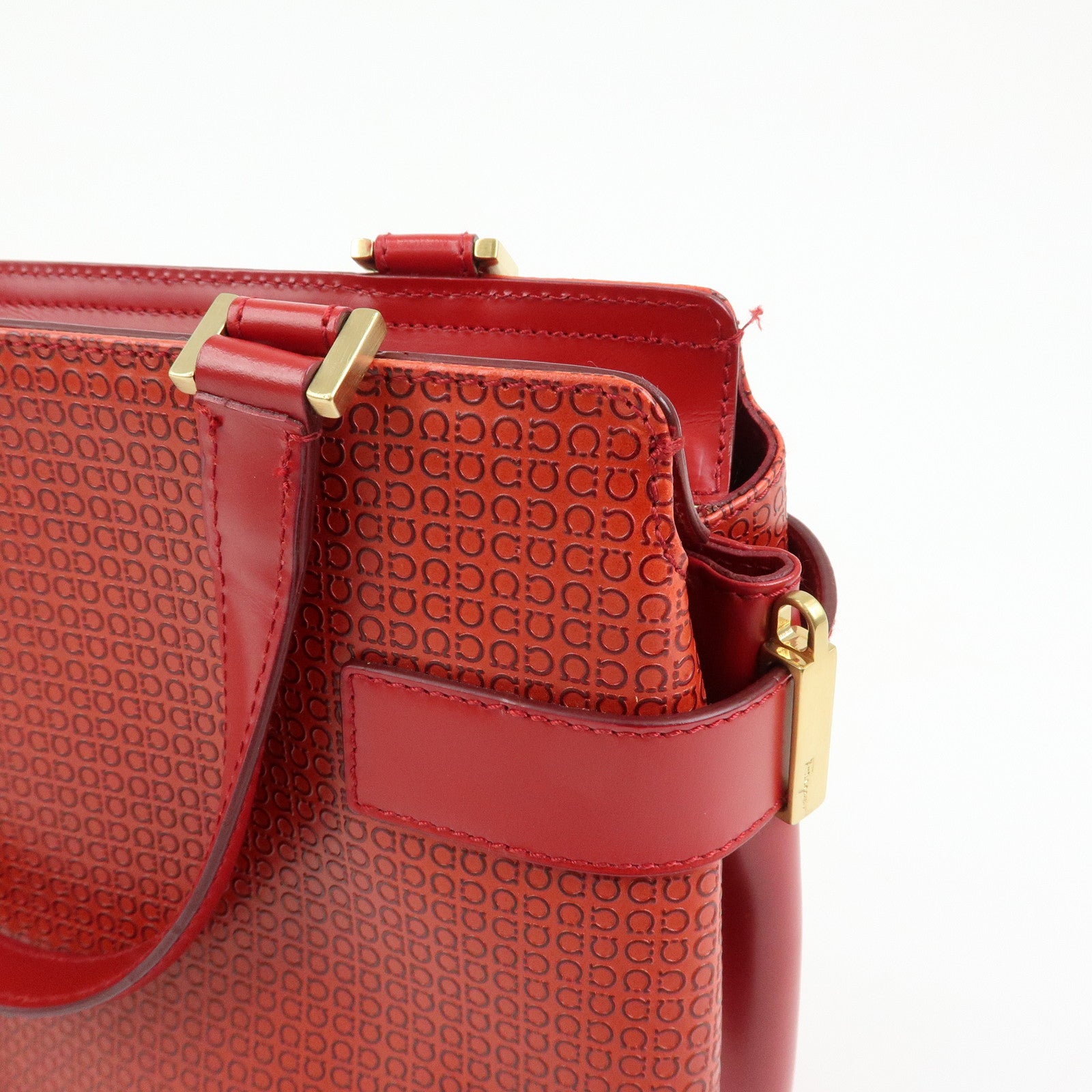 Ferragamo Gancini Side Belt Leather Hand Bag Tote Bag Red