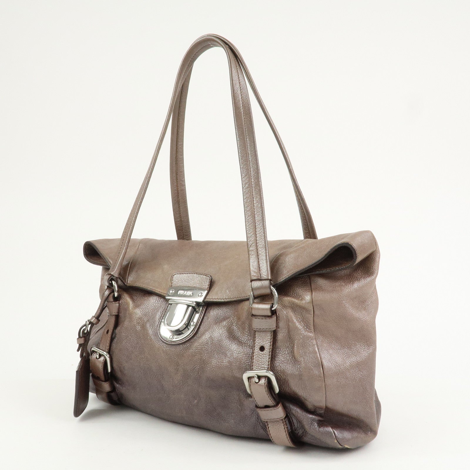 PRADA Logo Leather Shoulder Bag Hand Bag Metallic Brown BR3901