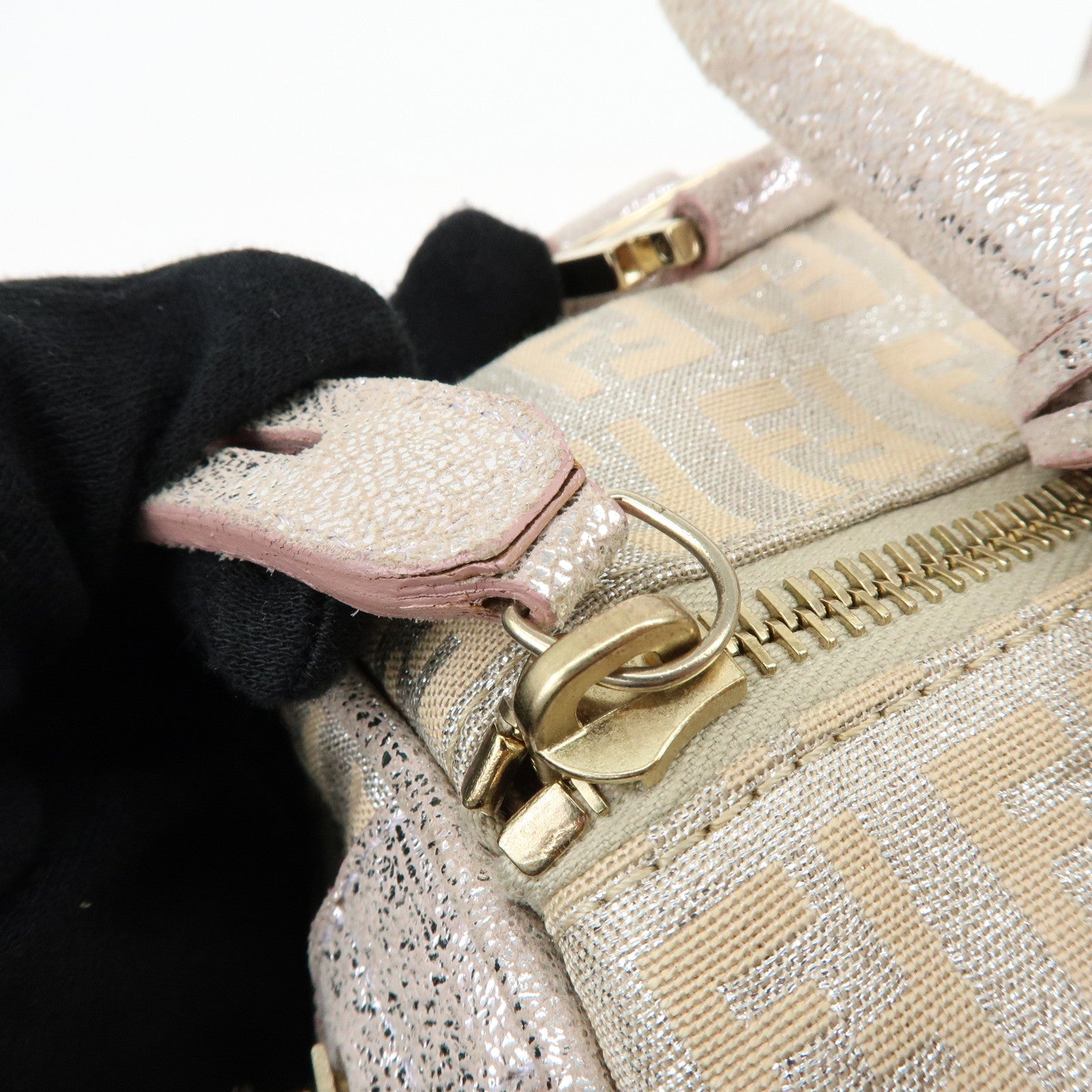 FENDI Zucchino Canvas Leather Mini Boston Bag Silver Beige 8BL068