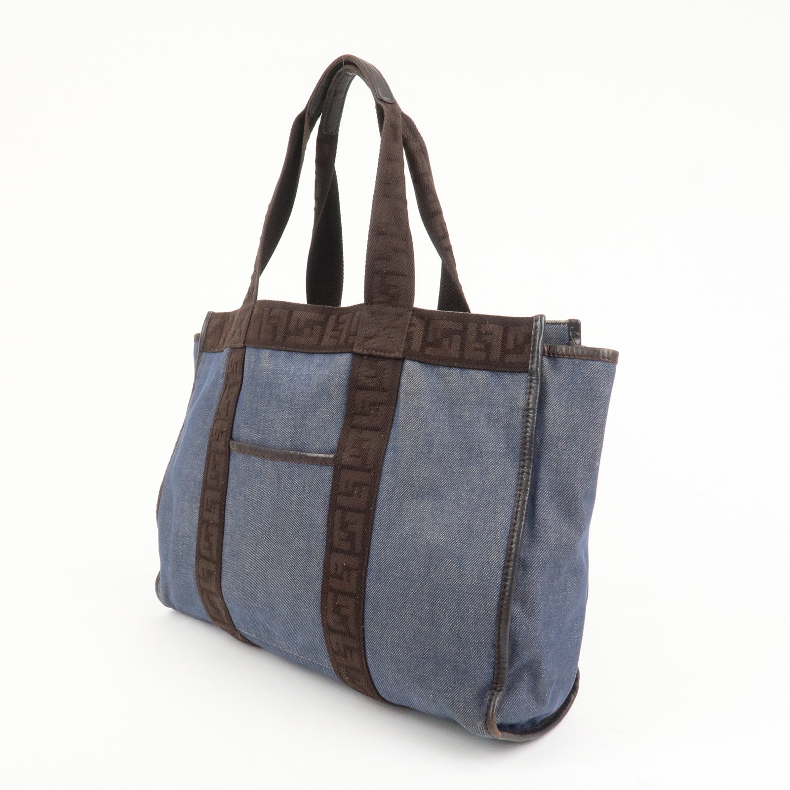 FENDI Denim Tote Bag Shoulder Bag Navy Brown 8BH165