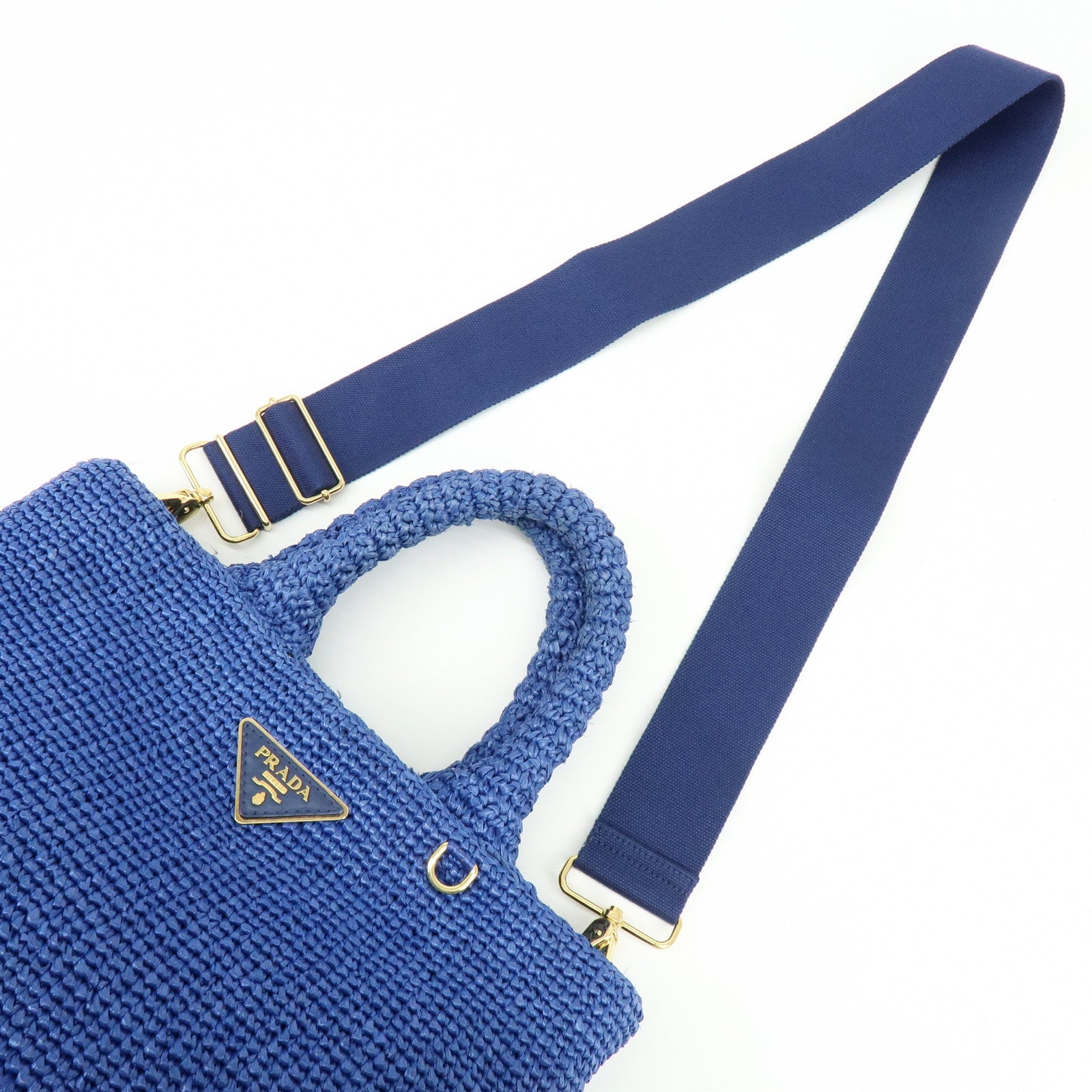 PRADA Triangle Logo Raffia 2Way Hand Bag Shoulder Bag Blue 1BG175