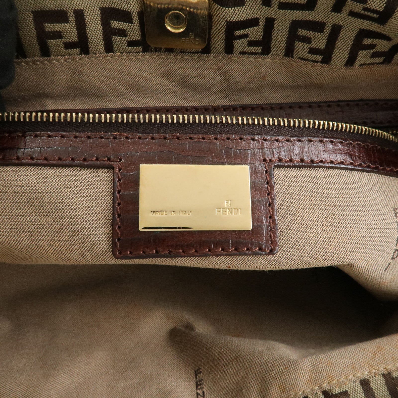 FENDI Zucchino Canvas Leather Tote Bag Shoulder Bag Brown 8BH161