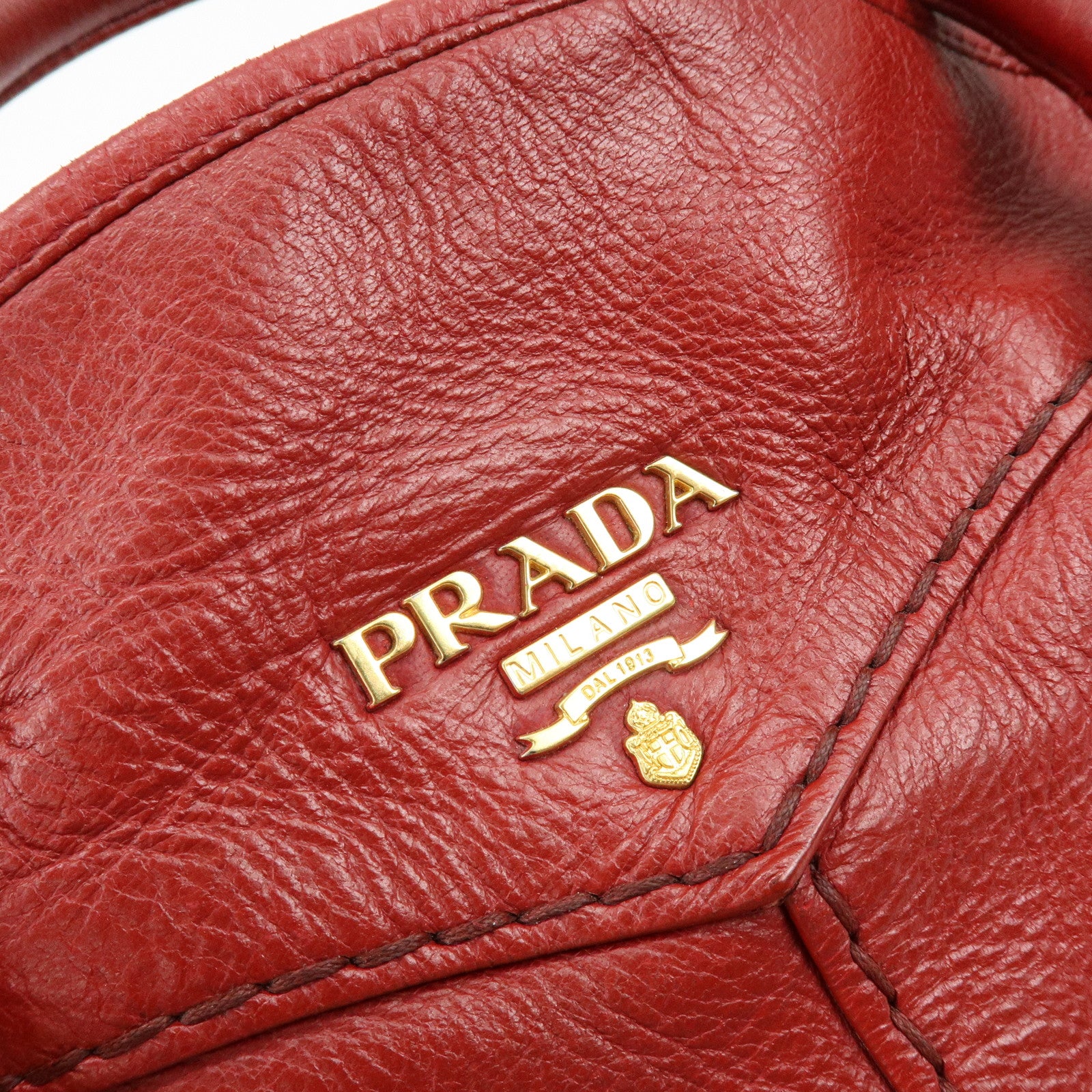 PRADA Cervo Shine Leather Bowler Bag 2Way Tote Bag Red BL0688